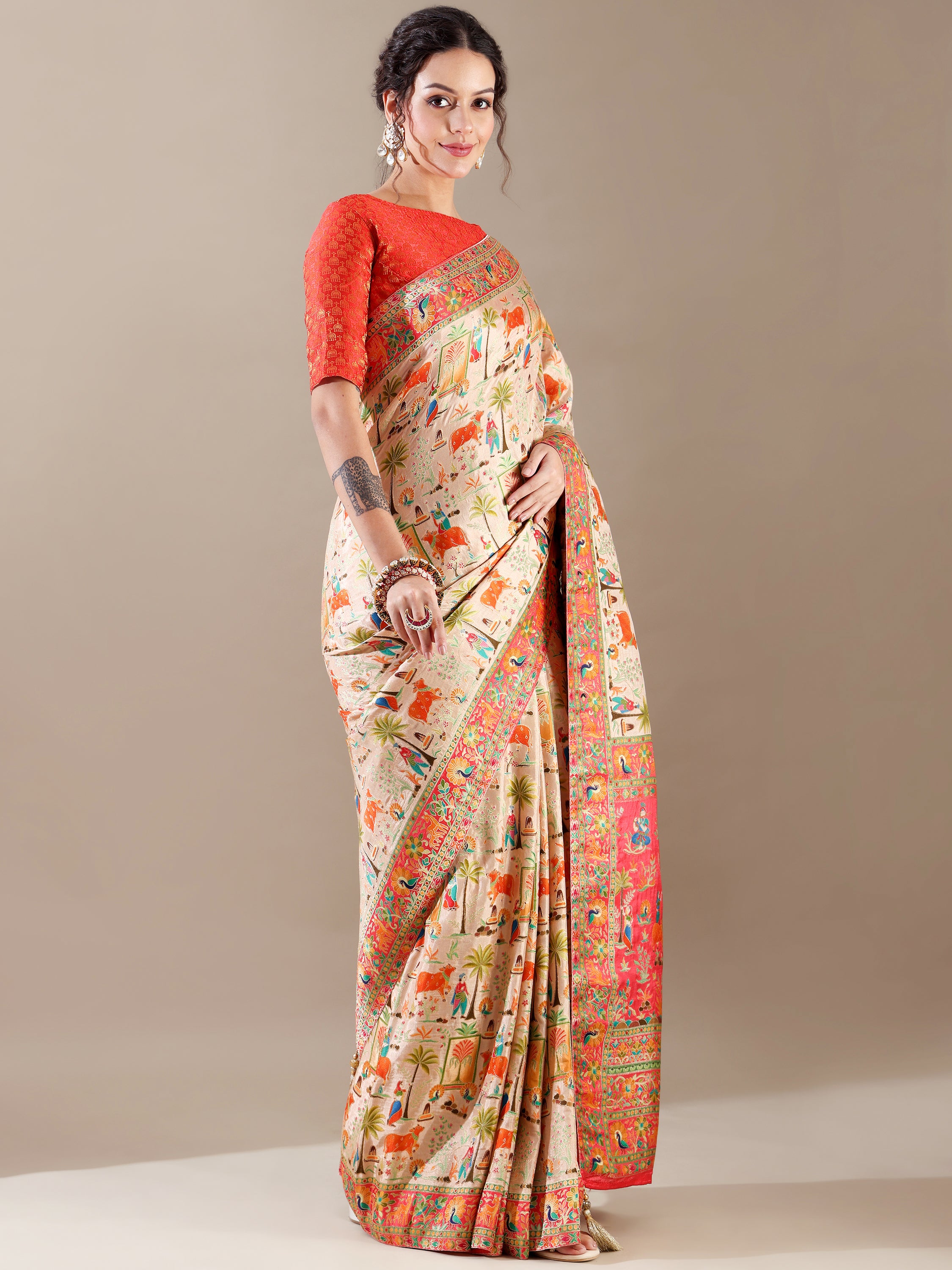 Dola Silk Weave SAREE in Ivory and Red - House of Surya