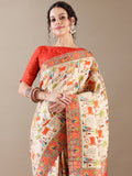 Dola Silk Weave SAREE in Ivory and Red - House of Surya