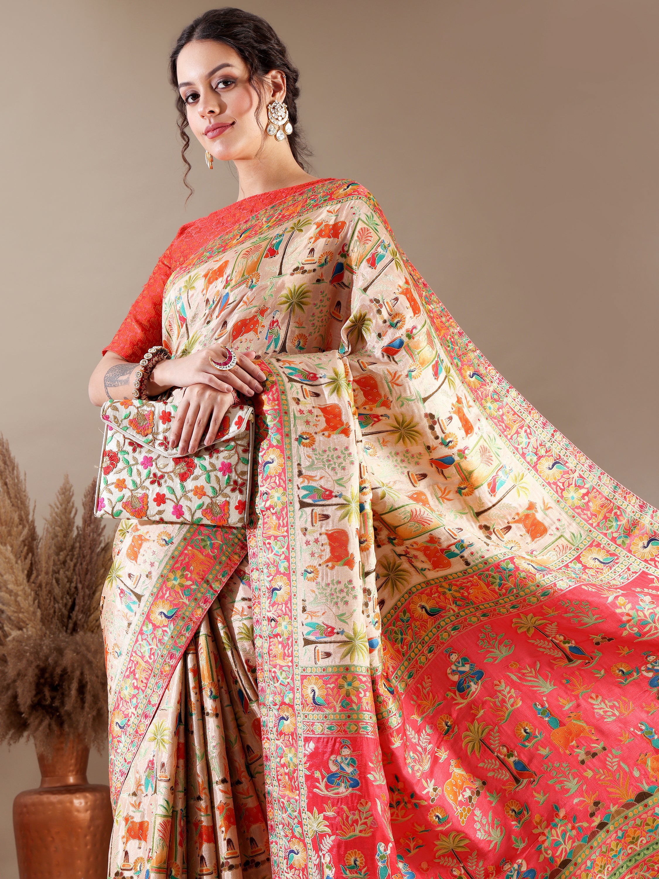 Dola Silk Weave SAREE in Ivory and Red - House of Surya