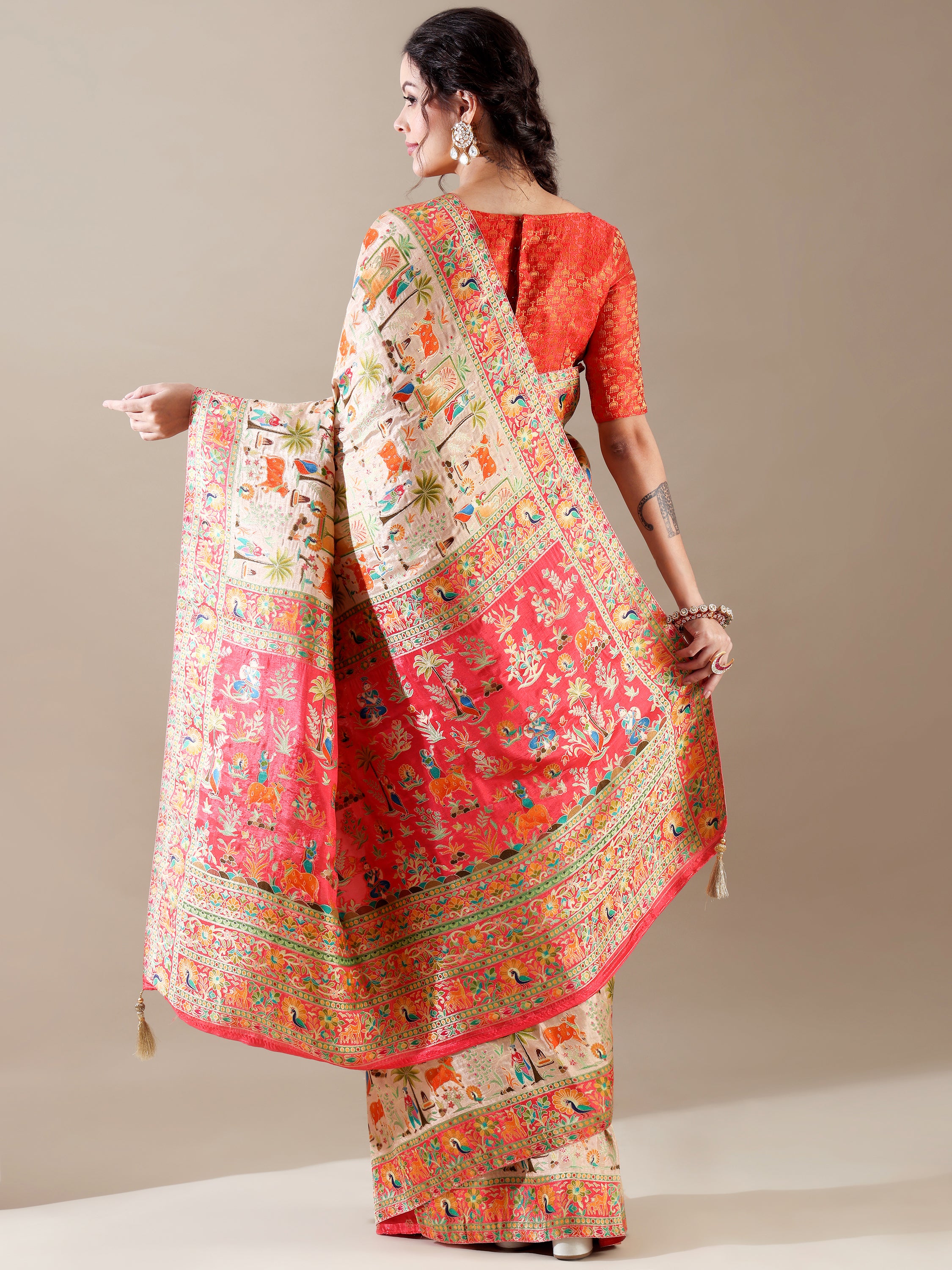 Dola Silk Weave SAREE in Ivory and Red - House of Surya