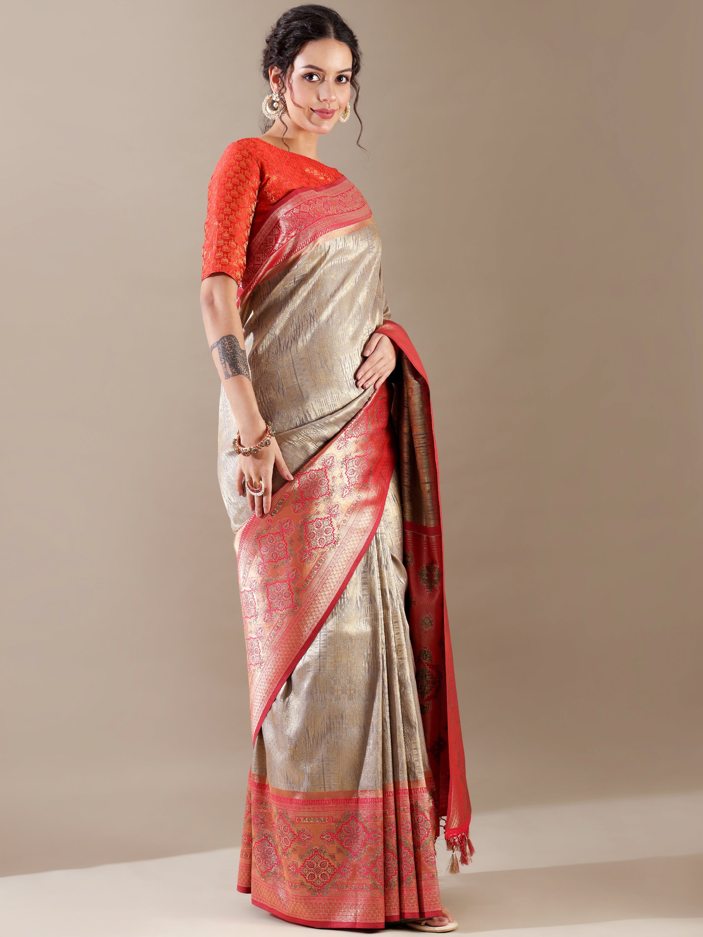 Grey and Rani Silk Weave SAREE - House of Surya
