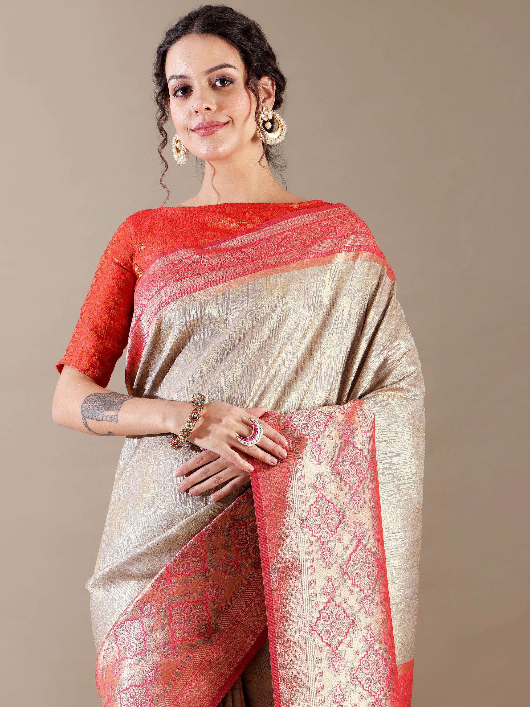 Grey and Rani Silk Weave SAREE - House of Surya