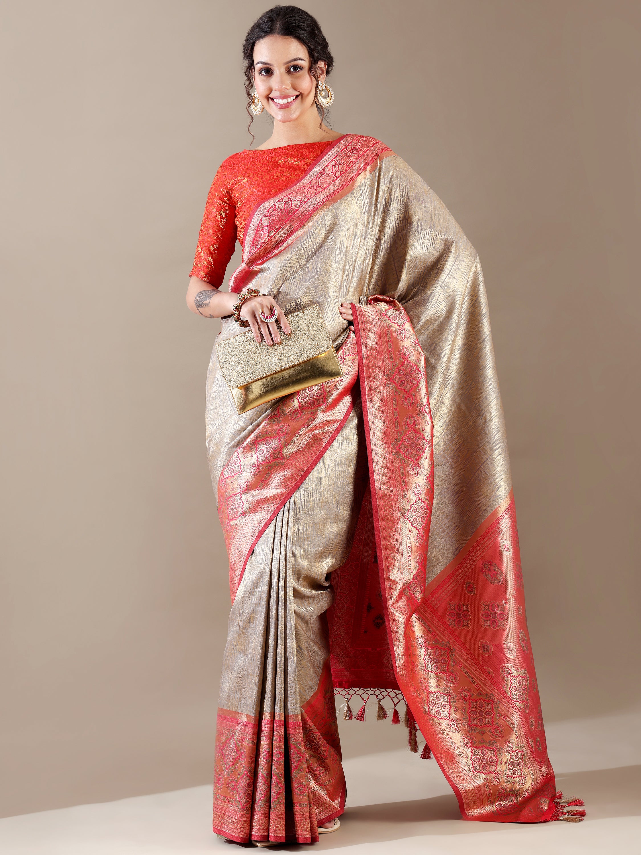 Grey and Rani Silk Weave SAREE - House of Surya