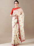 Ivory and Red Zari Border Tissue Organza Saree - House of Surya