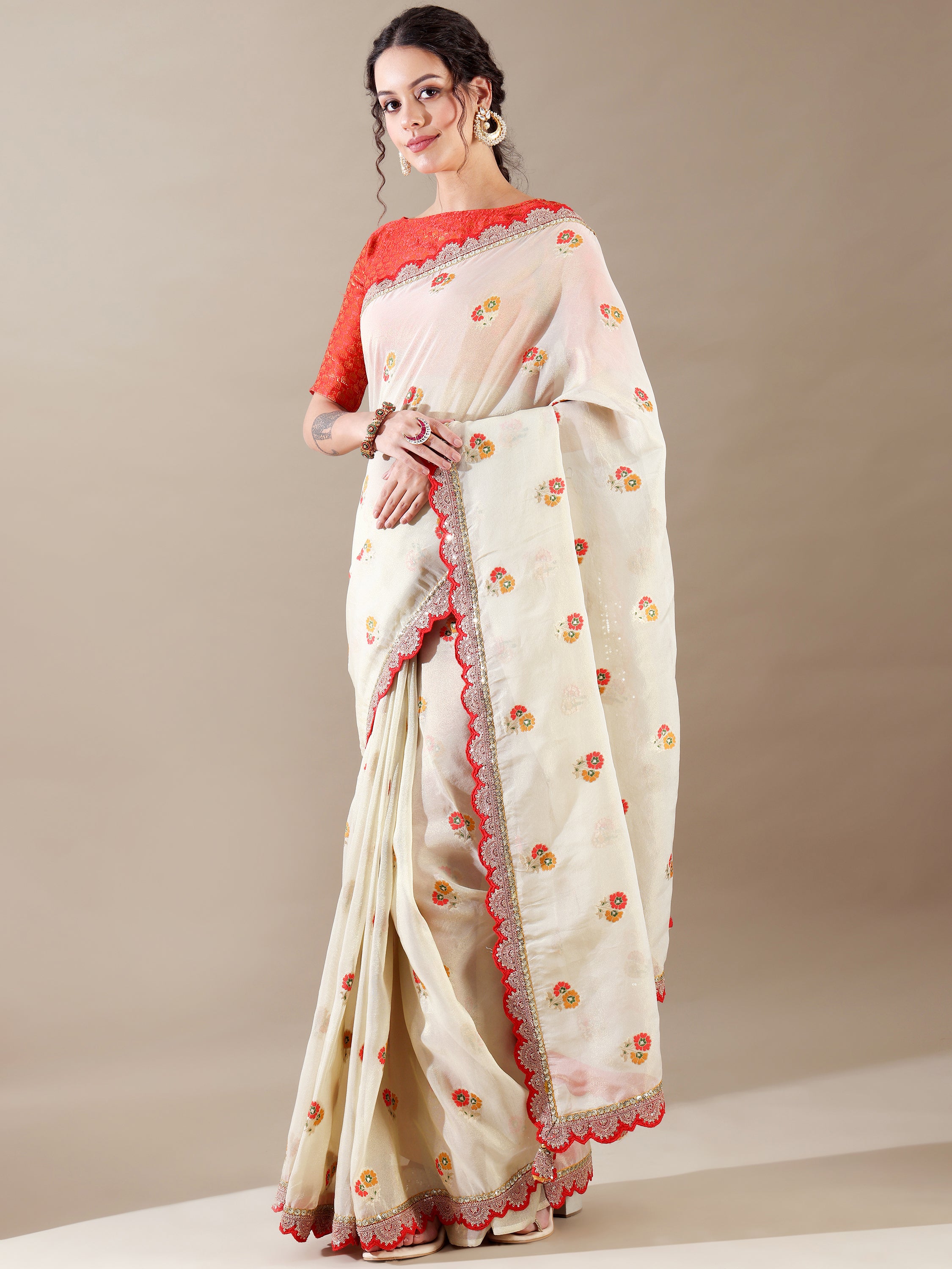 Ivory and Red Zari Border Tissue Organza Saree - House of Surya