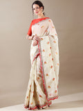 Ivory and Red Zari Border Tissue Organza Saree - House of Surya