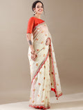Ivory and Red Zari Border Tissue Organza Saree - House of Surya