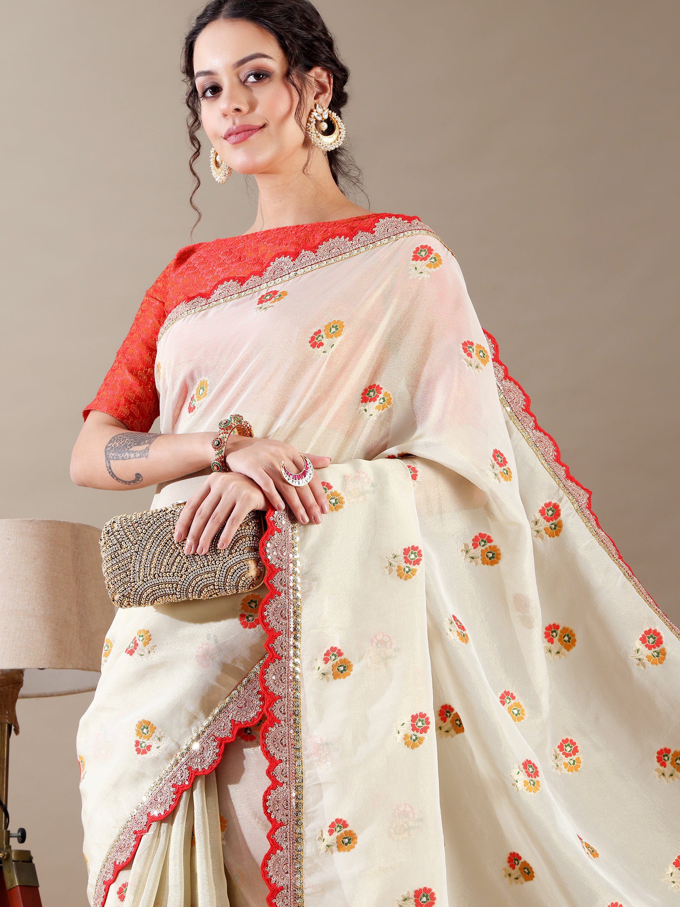 Ivory and Red Zari Border Tissue Organza Saree - House of Surya