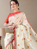Ivory and Red Zari Border Tissue Organza Saree - House of Surya