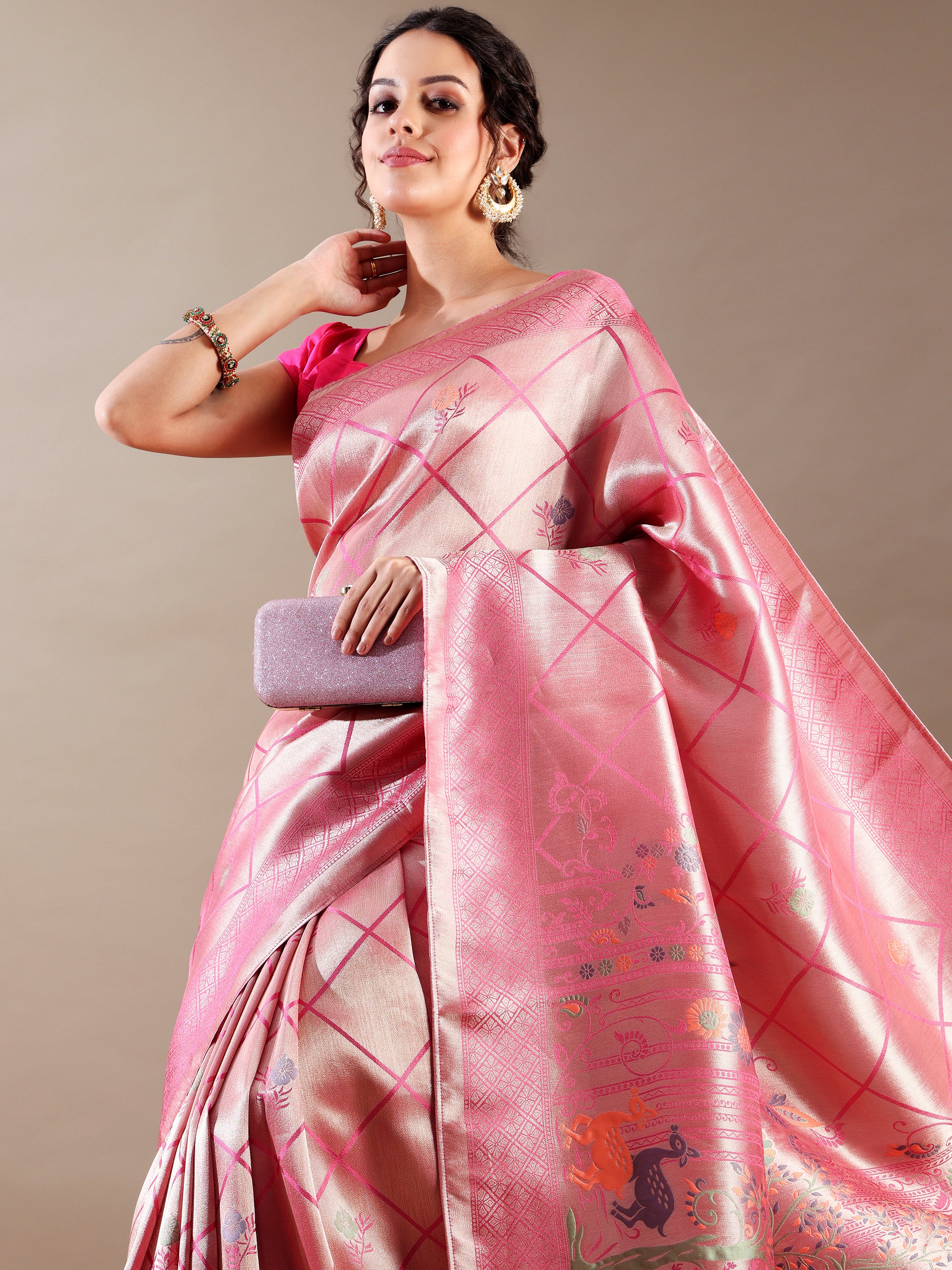 Pink Silk Weaving Saree - House of Surya