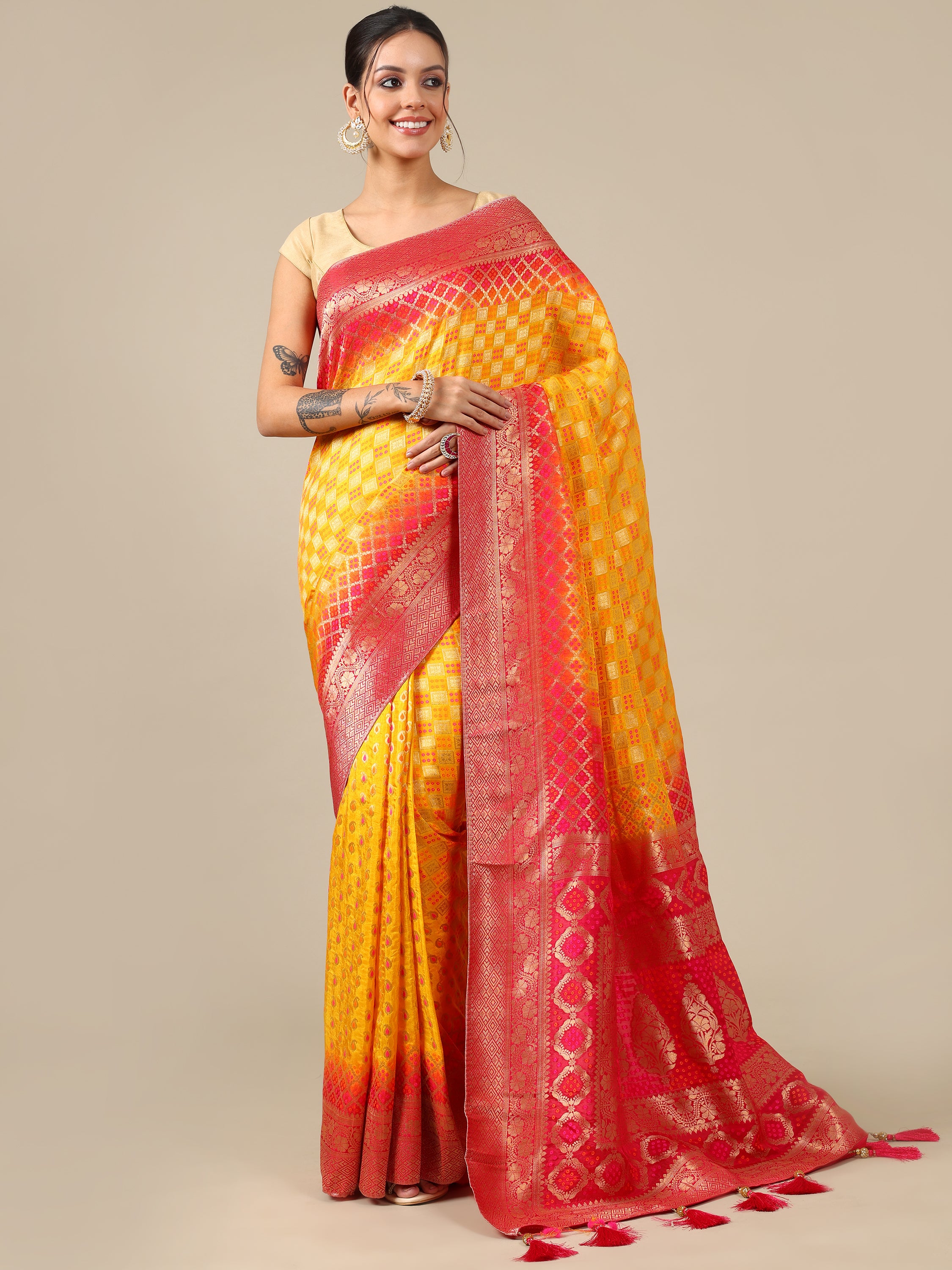 Vibrant Yellow Dola Silk Saree - House of Surya