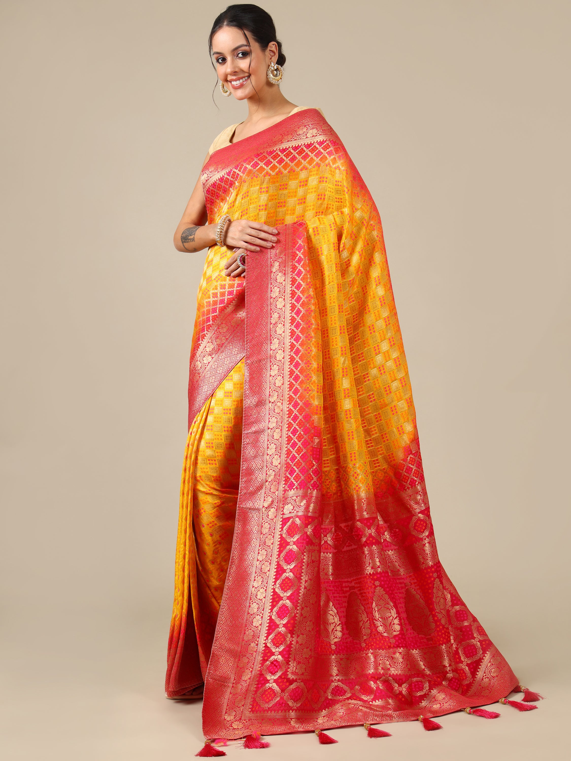 Vibrant Yellow Dola Silk Saree - House of Surya