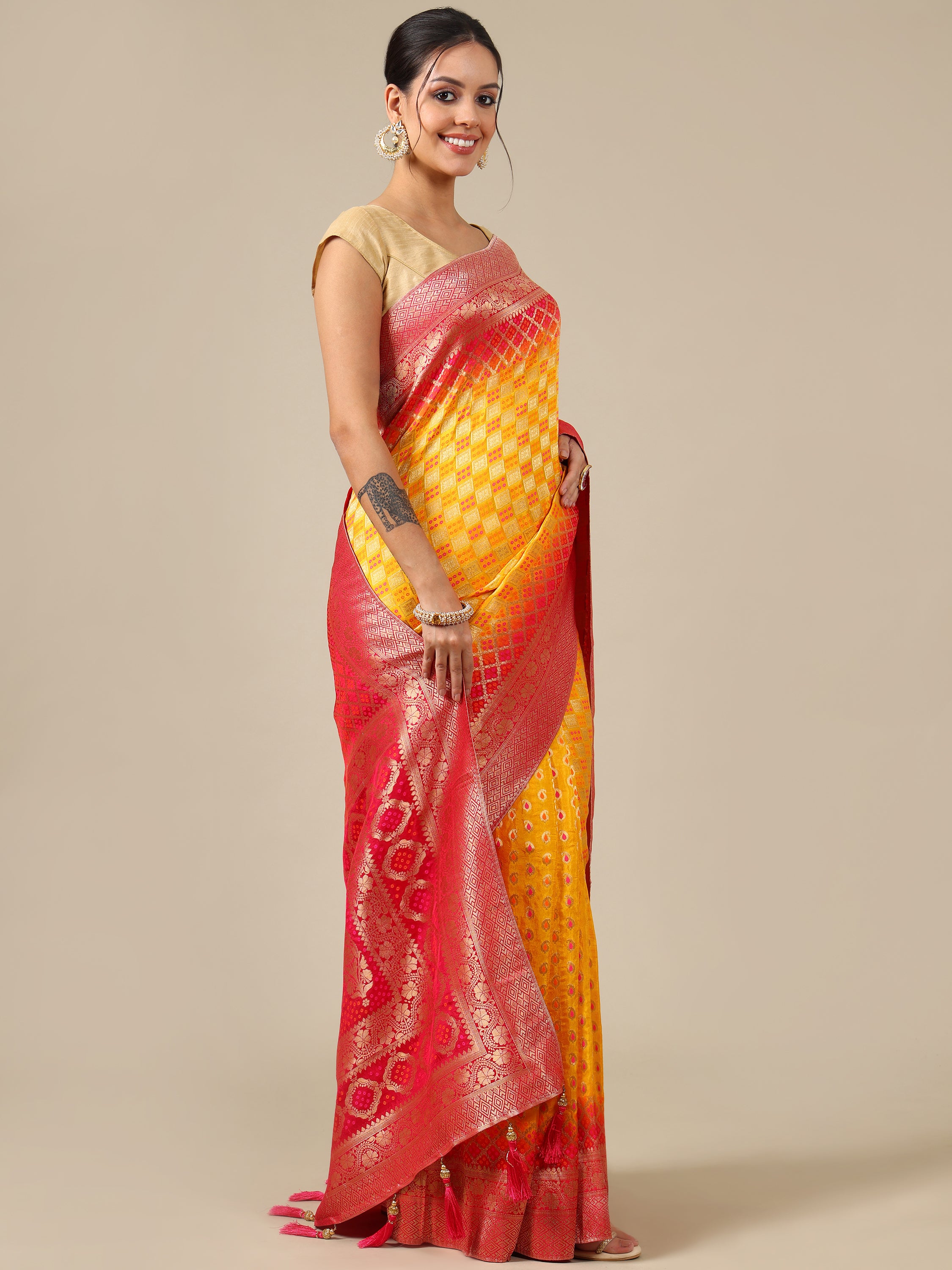 Vibrant Yellow Dola Silk Saree - House of Surya