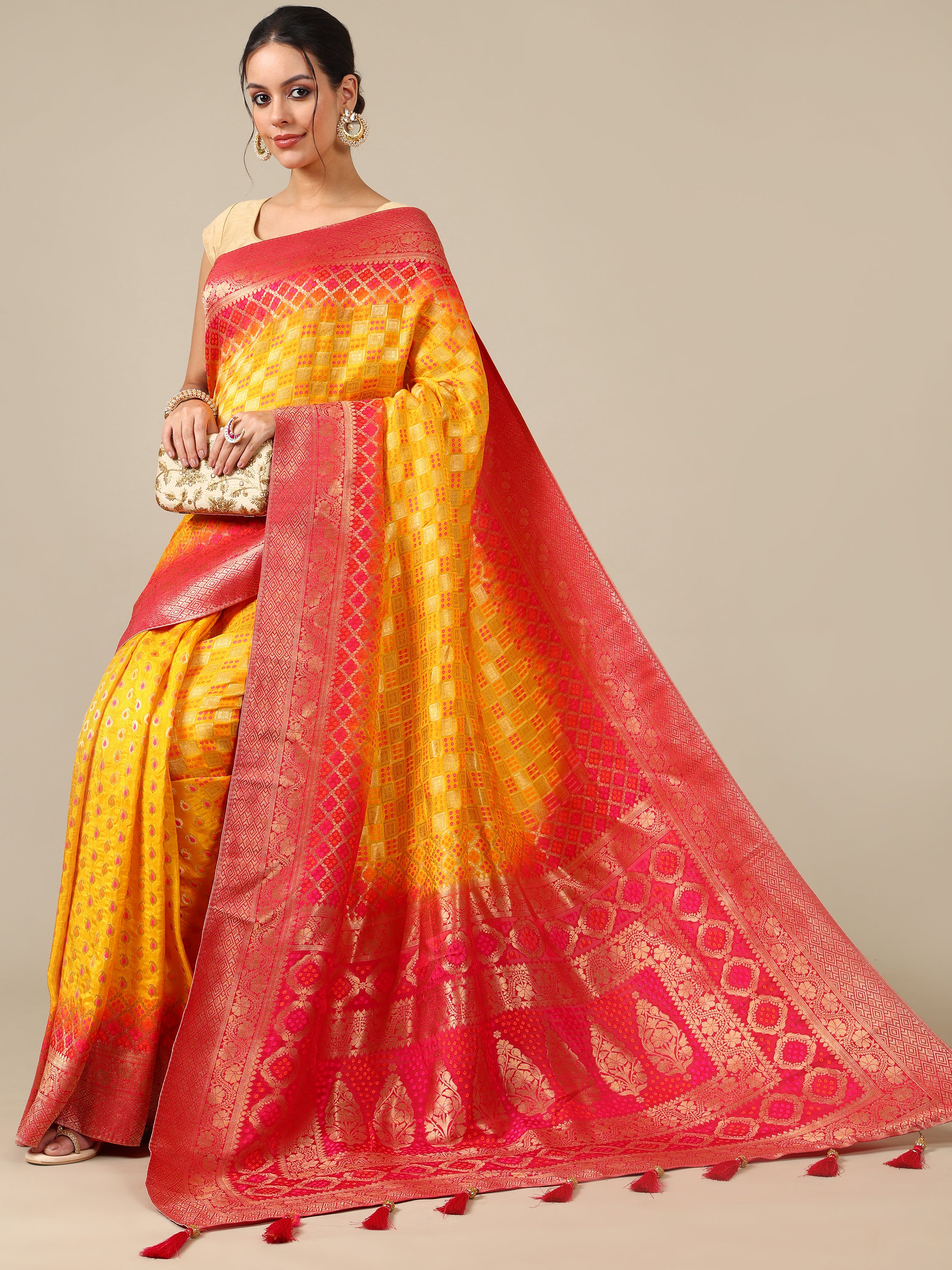 Vibrant Yellow Dola Silk Saree - House of Surya