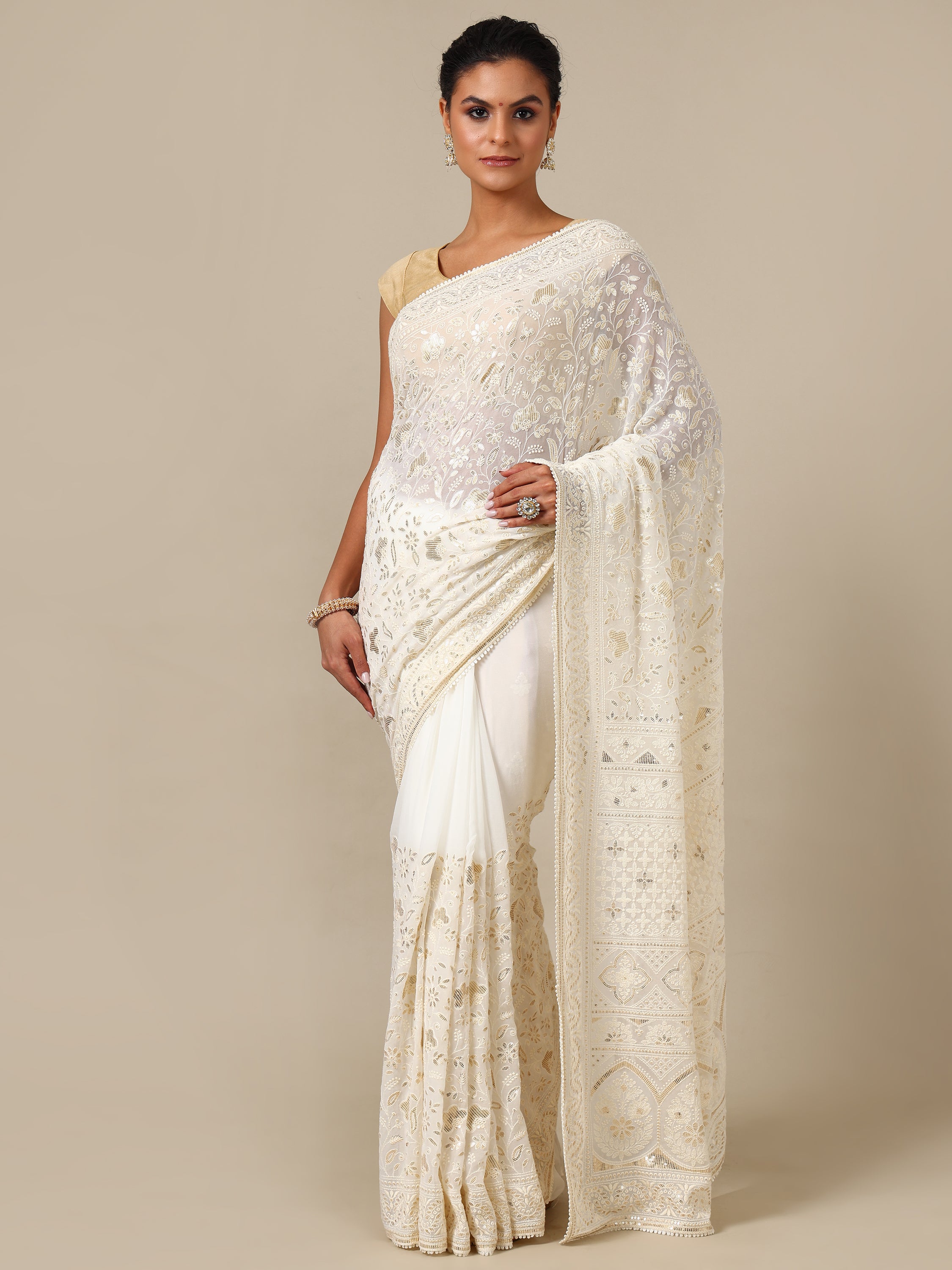 Ivory Georgette Saree with Gold Sequins - House of Surya