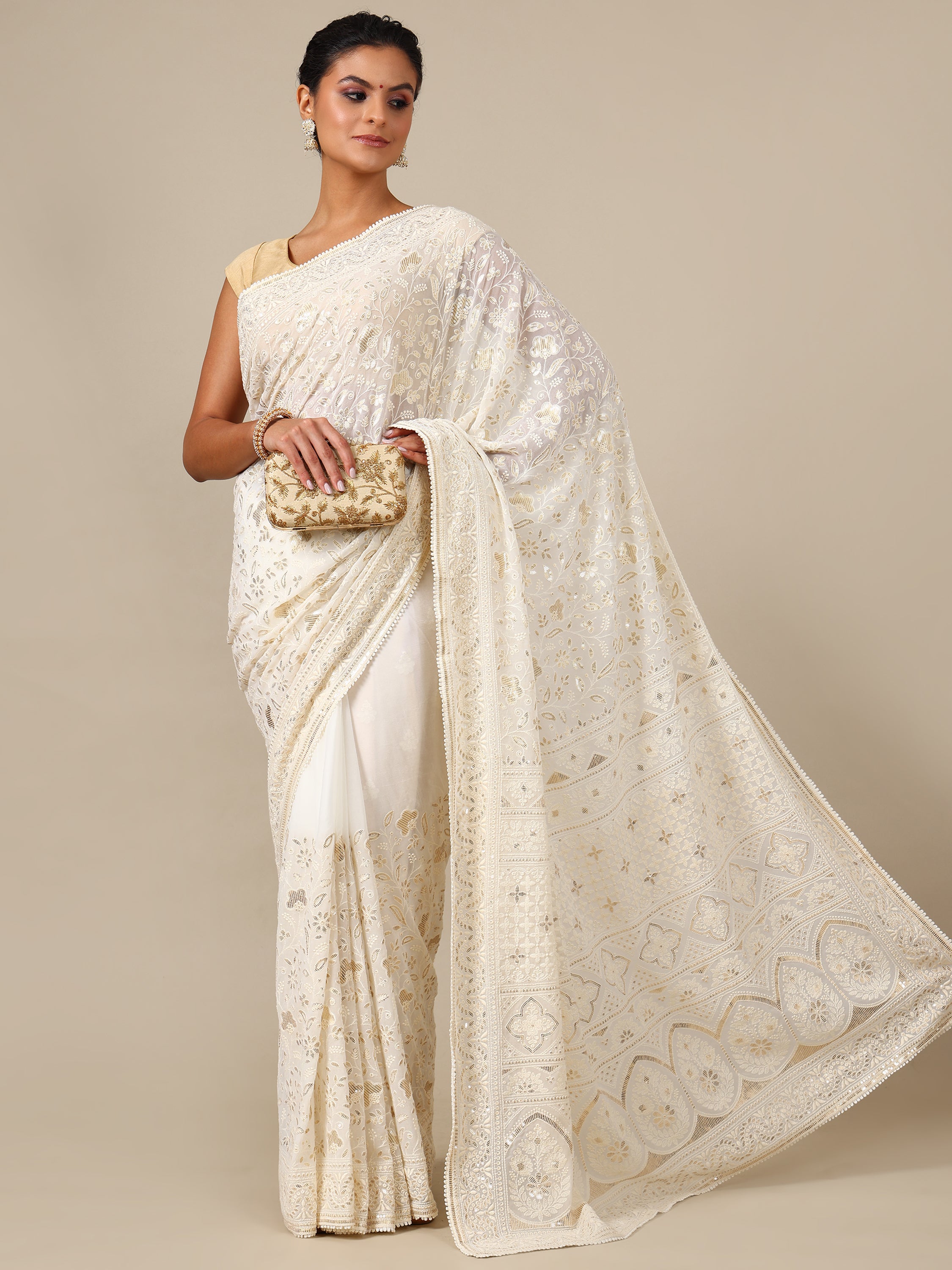 Ivory Georgette Saree with Gold Sequins - House of Surya