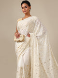 Ivory Georgette Saree with Gold Sequins - House of Surya