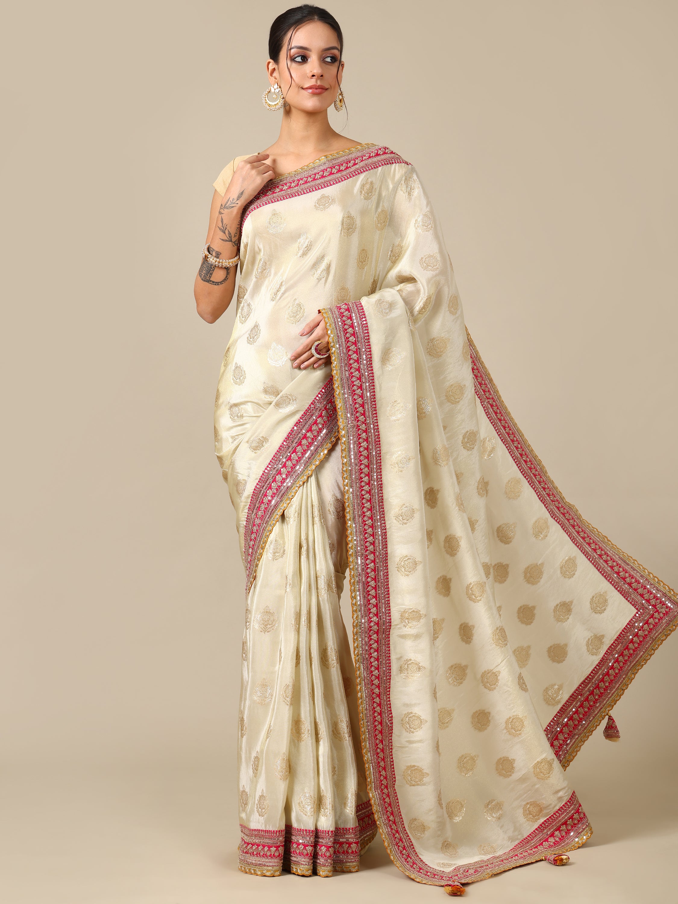Ivory and Red Zari Border Tissue Organza Saree - House of Surya
