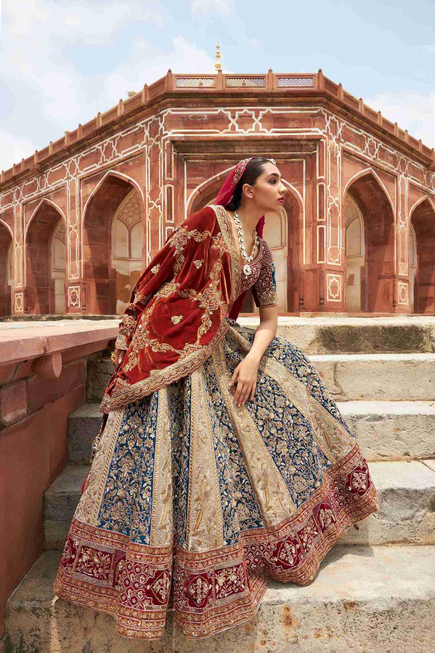 Dusty gold velvet Lehenga Choli with zardozi and poth work - House of Surya