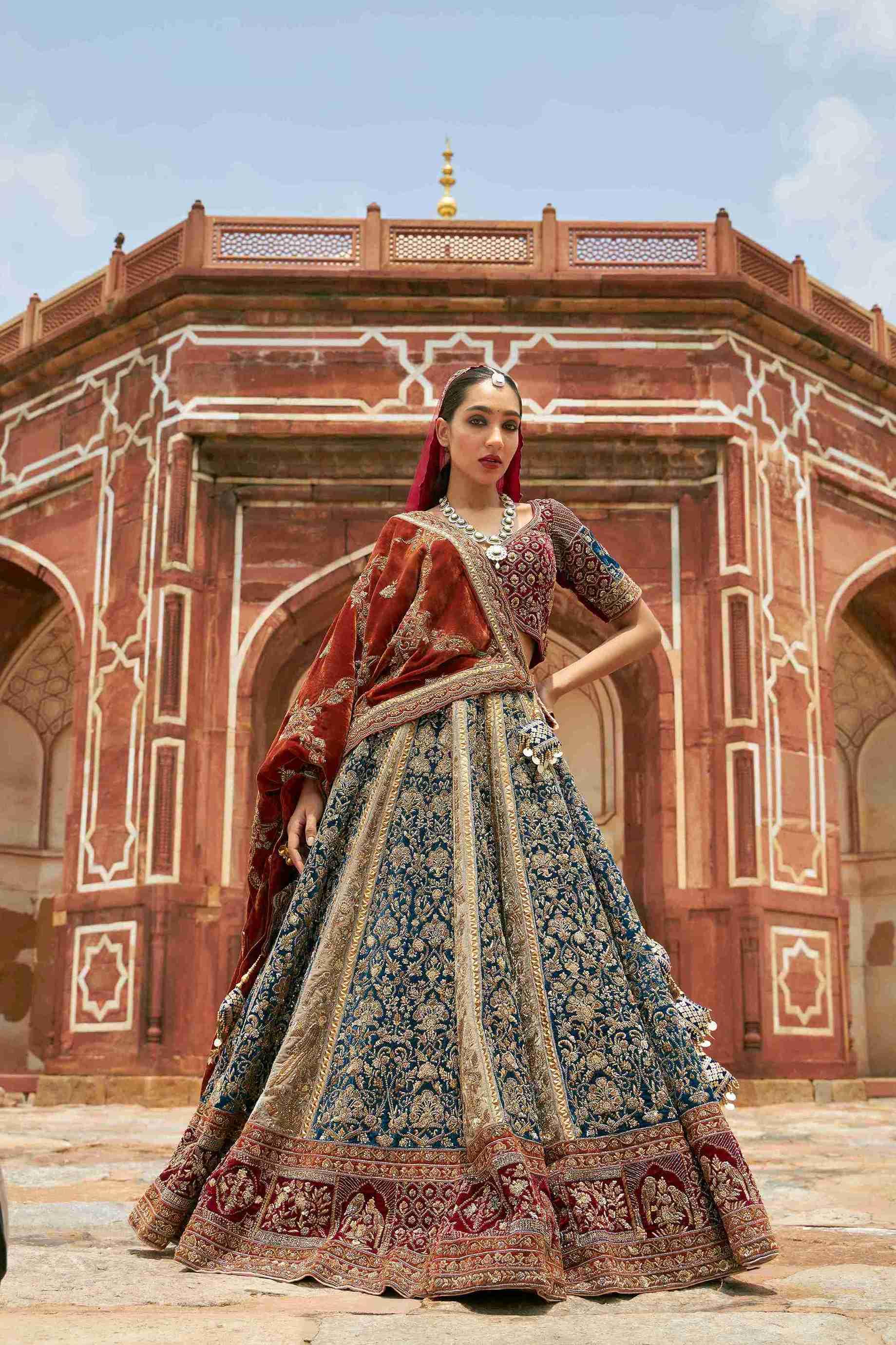 Dusty gold velvet Lehenga Choli with zardozi and poth work - House of Surya