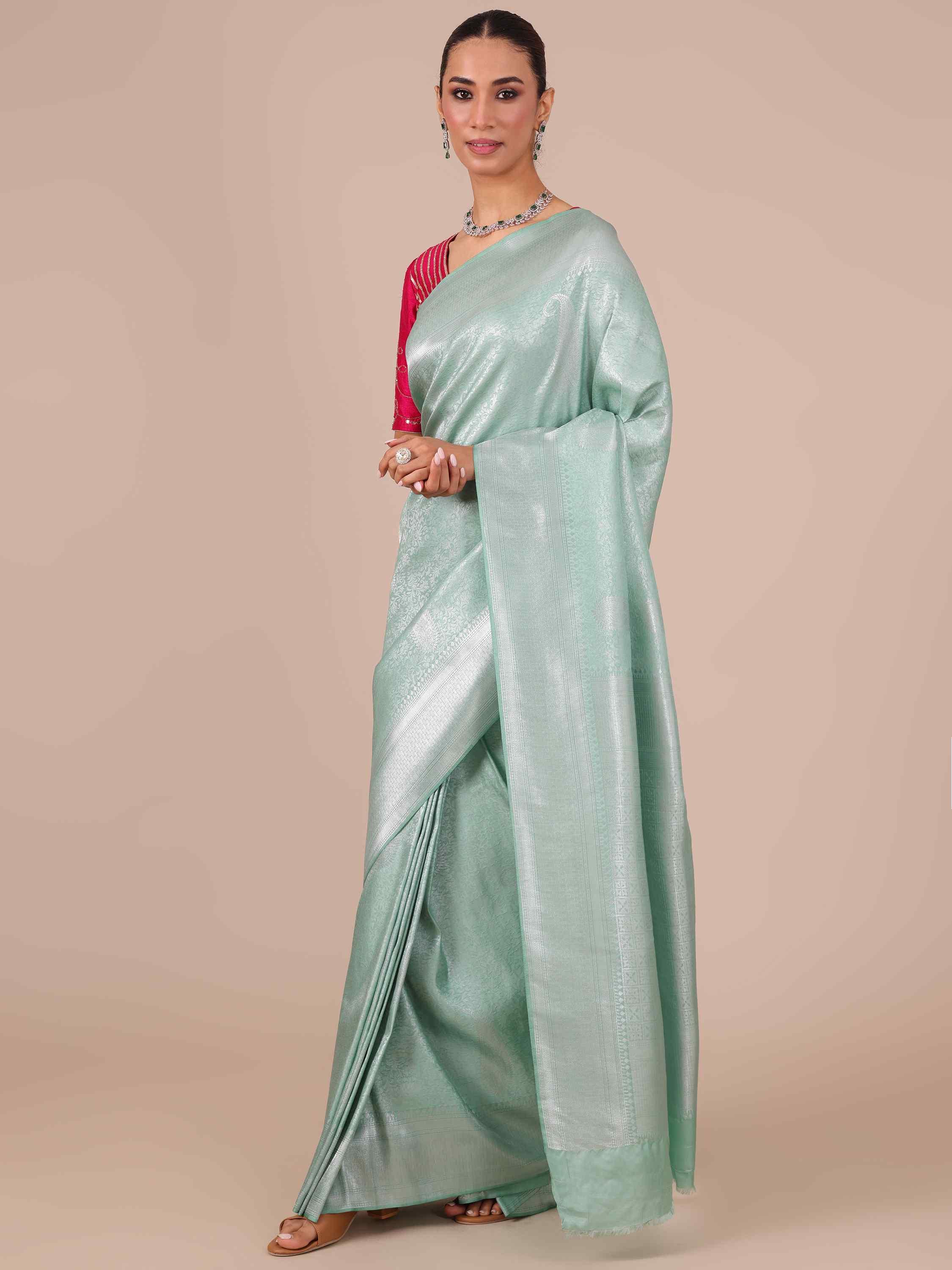Sea Green Silk Saree with Matching Unstitched Blouse - House of Surya