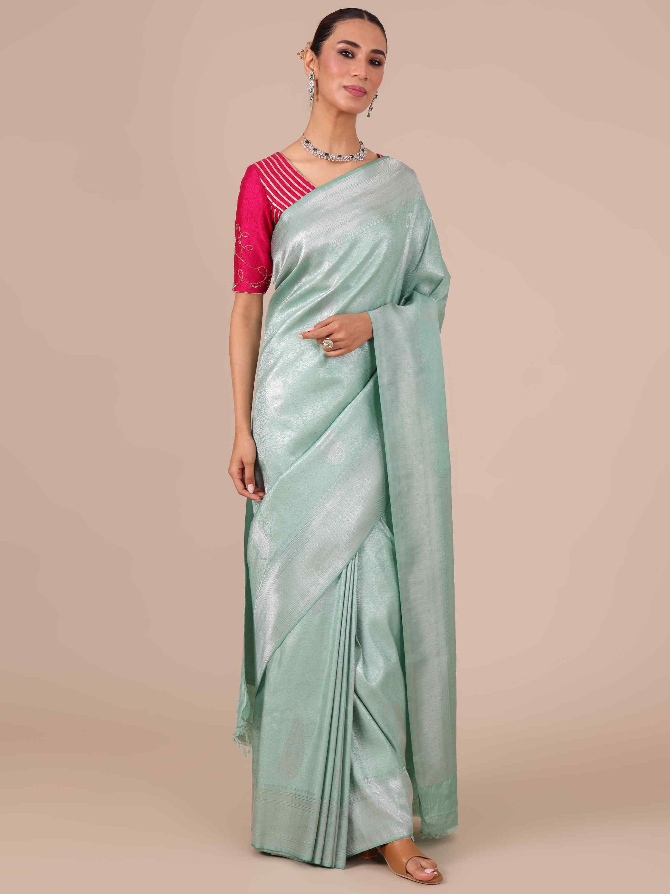 Sea Green Silk Saree with Matching Unstitched Blouse - House of Surya