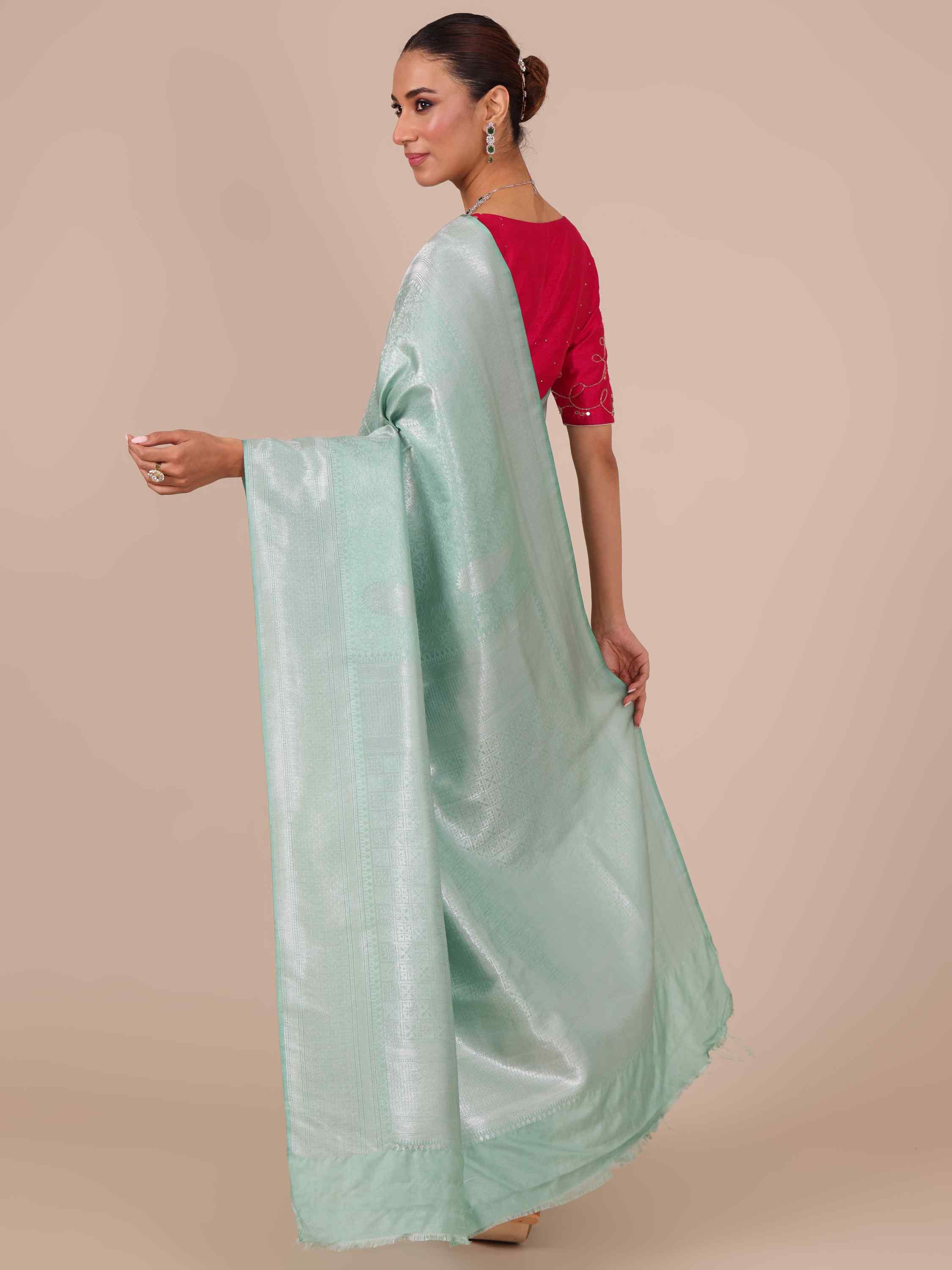 Sea Green Silk Saree with Matching Unstitched Blouse - House of Surya