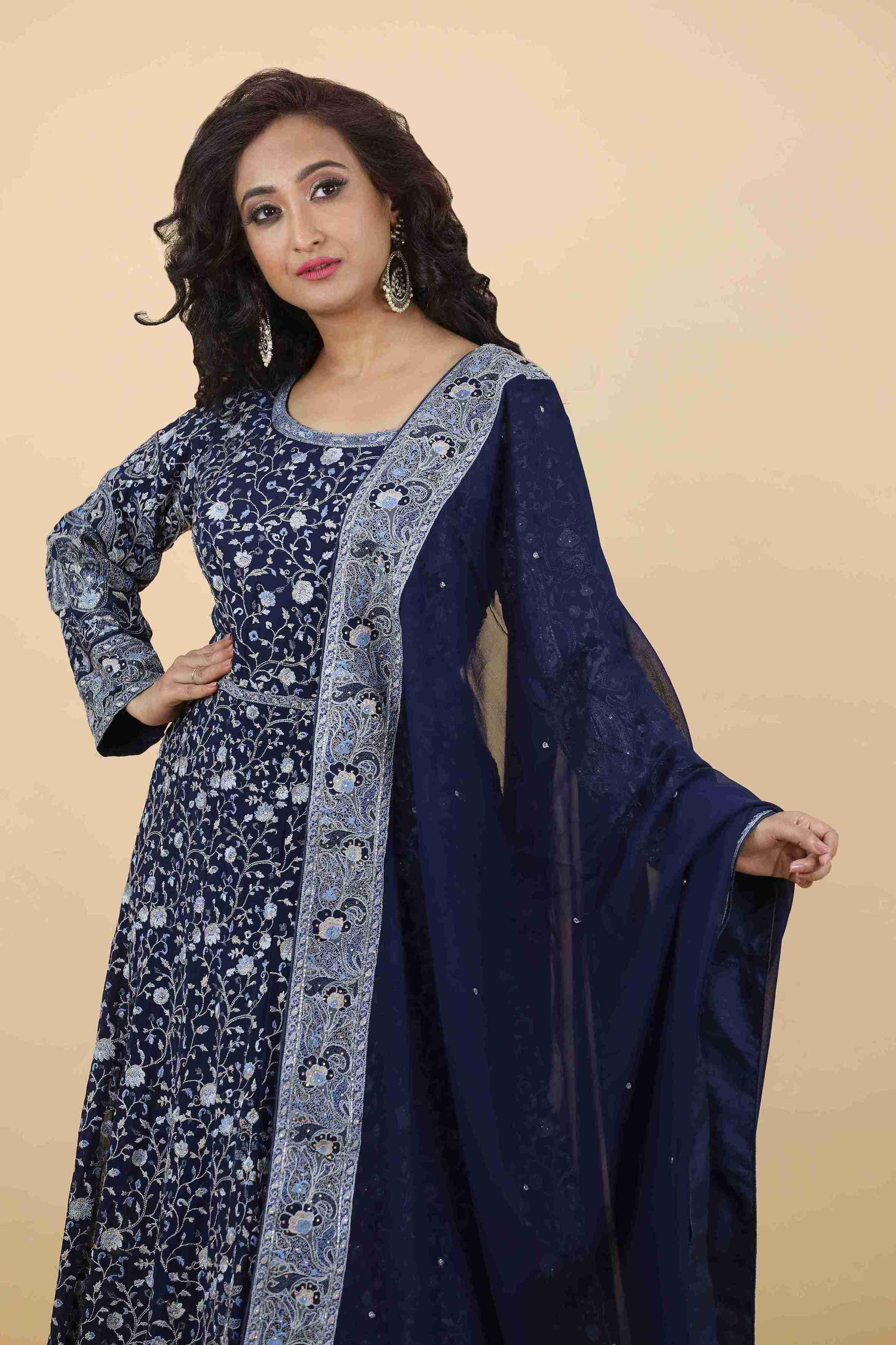 Navy Blue Anarkali With Thread & Cutdana Work - House of Surya