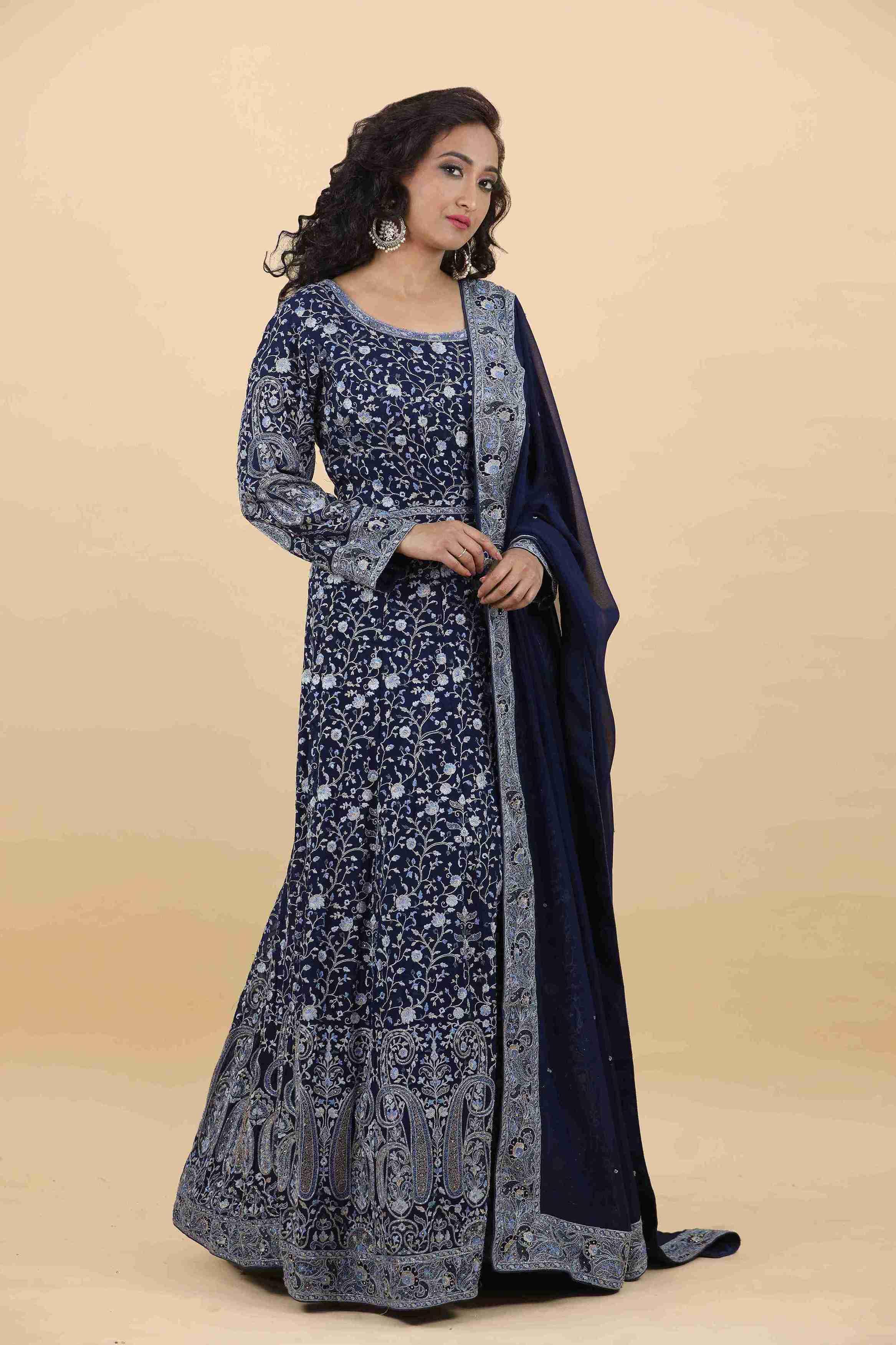 Navy Blue Anarkali With Thread & Cutdana Work - House of Surya
