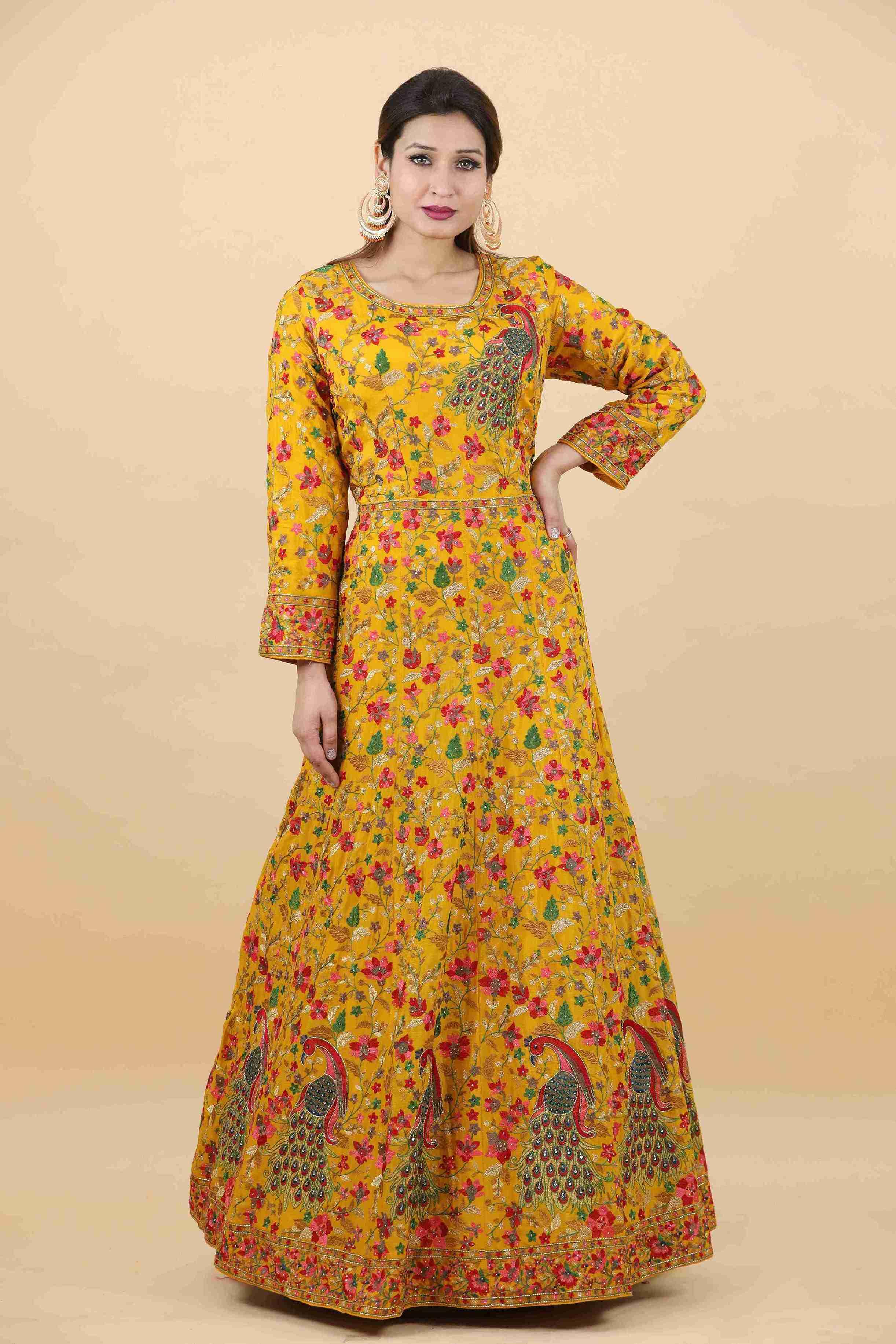 Mustard Color Anarkali With Thread and Cut Dana Work - House of Surya