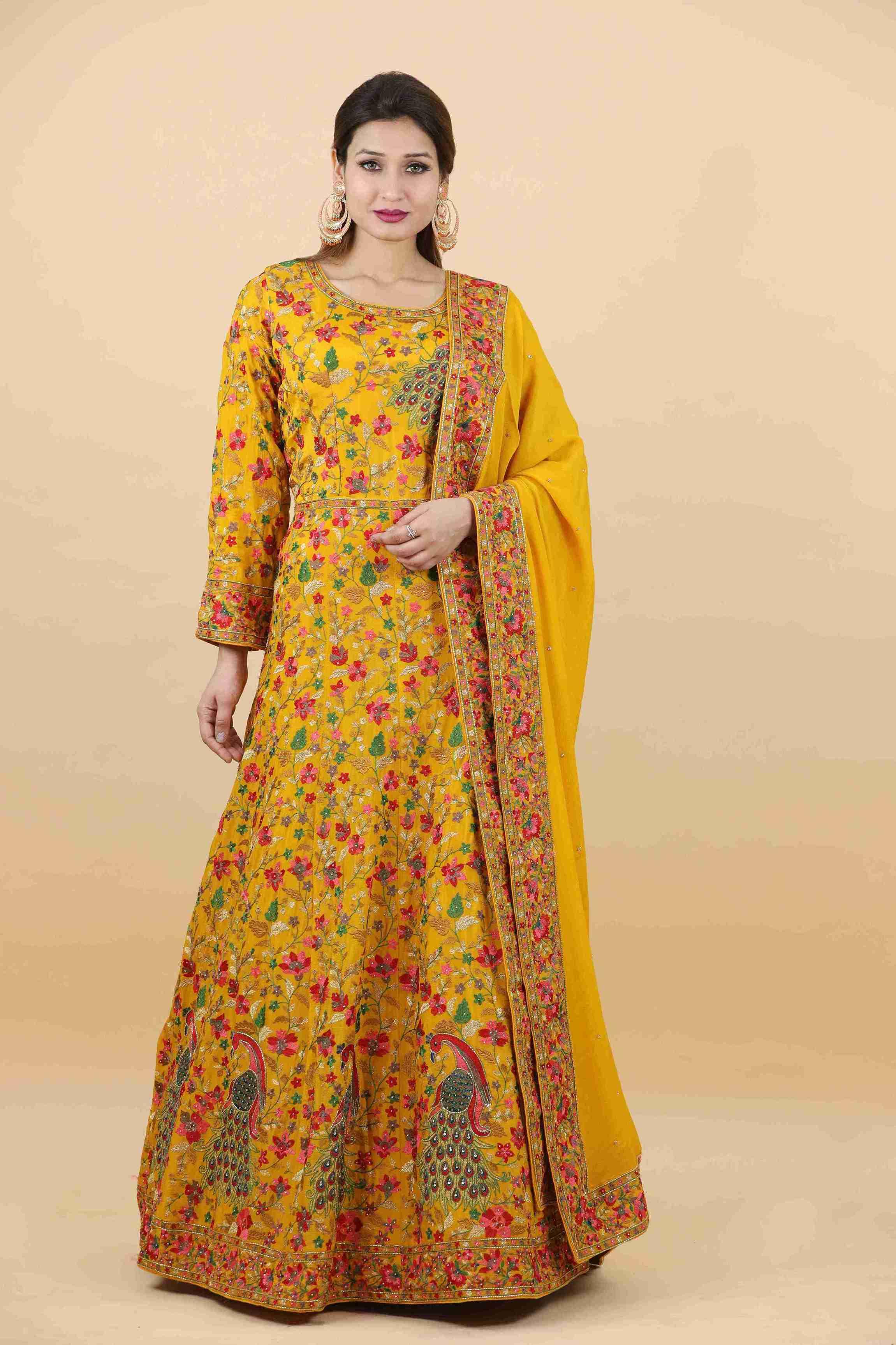 Mustard Color Anarkali With Thread and Cut Dana Work - House of Surya
