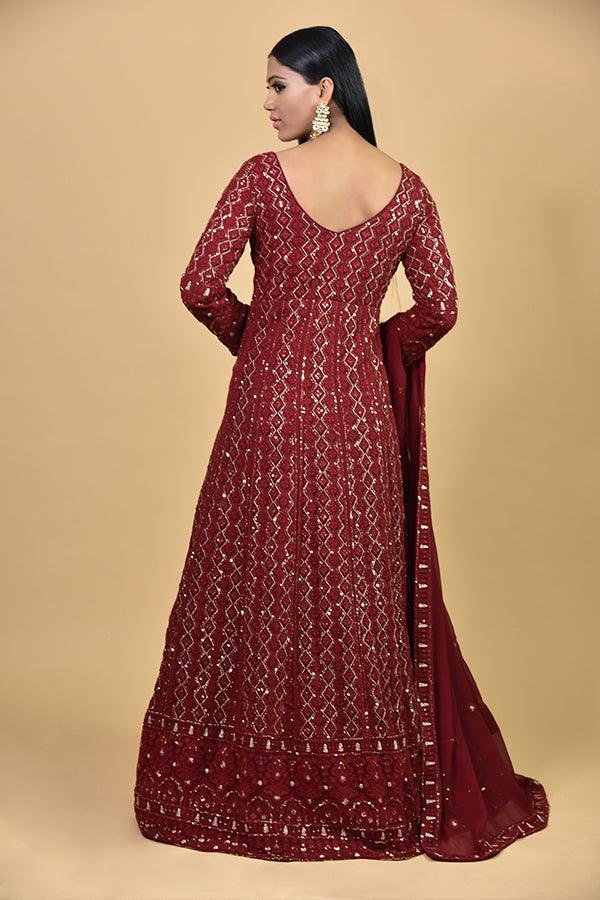 Wine Color Anarkali With Thread & Sequins Work - House of Surya