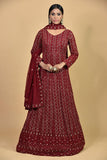 Wine Color Anarkali With Thread & Sequins Work - House of Surya