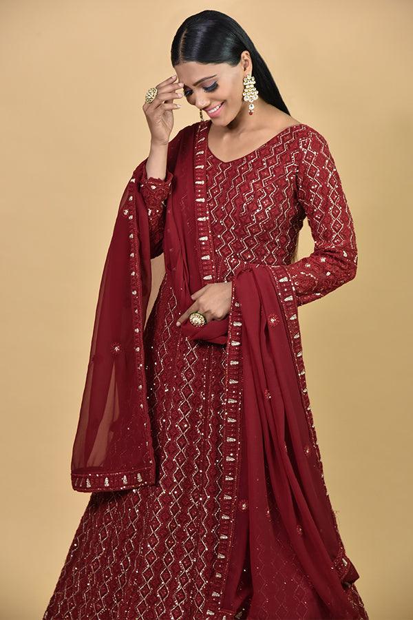 Wine Color Anarkali With Thread & Sequins Work - House of Surya