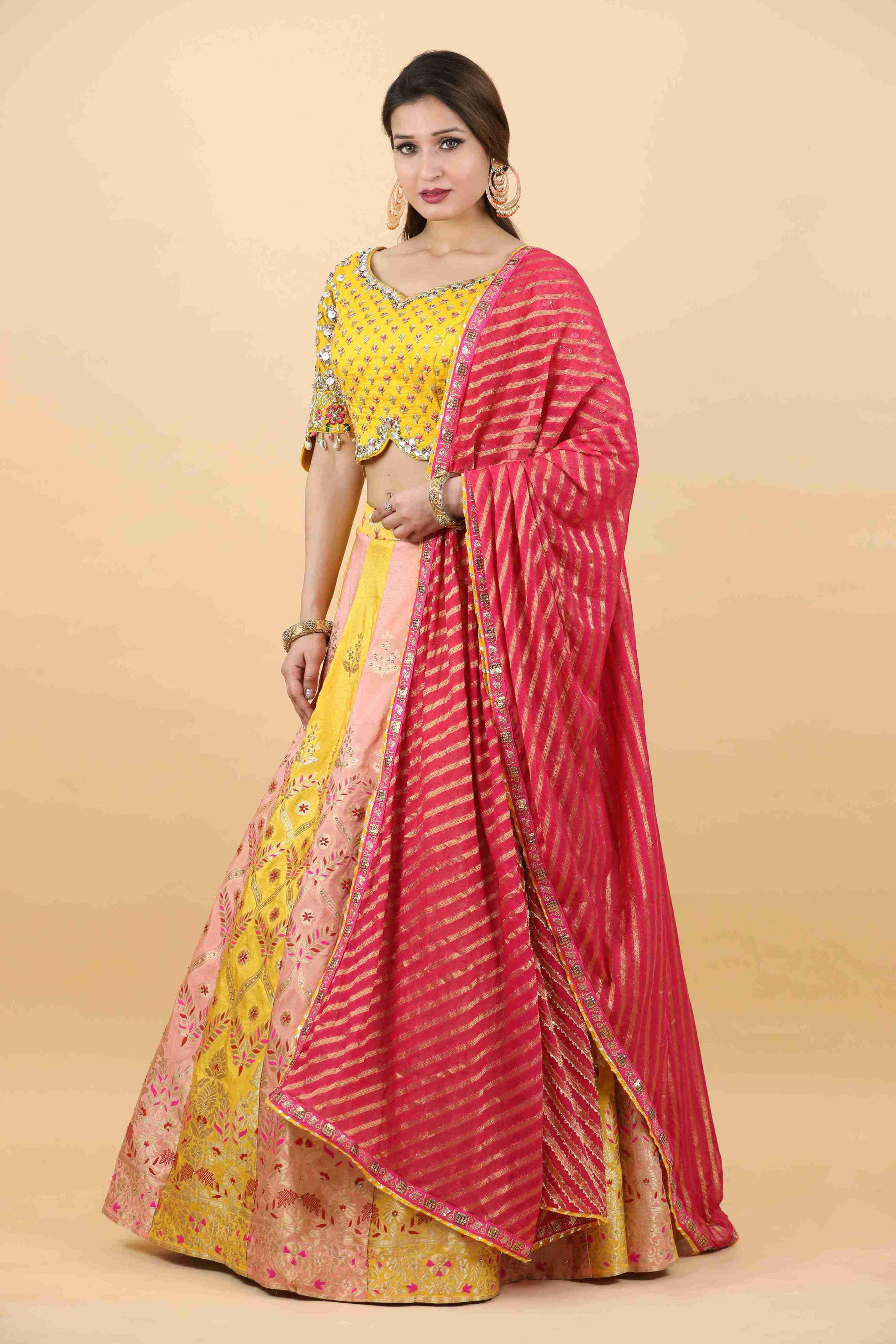 Yellow Banarsi Silk Lehenga Choli with Rani Dupatta - House of Surya
