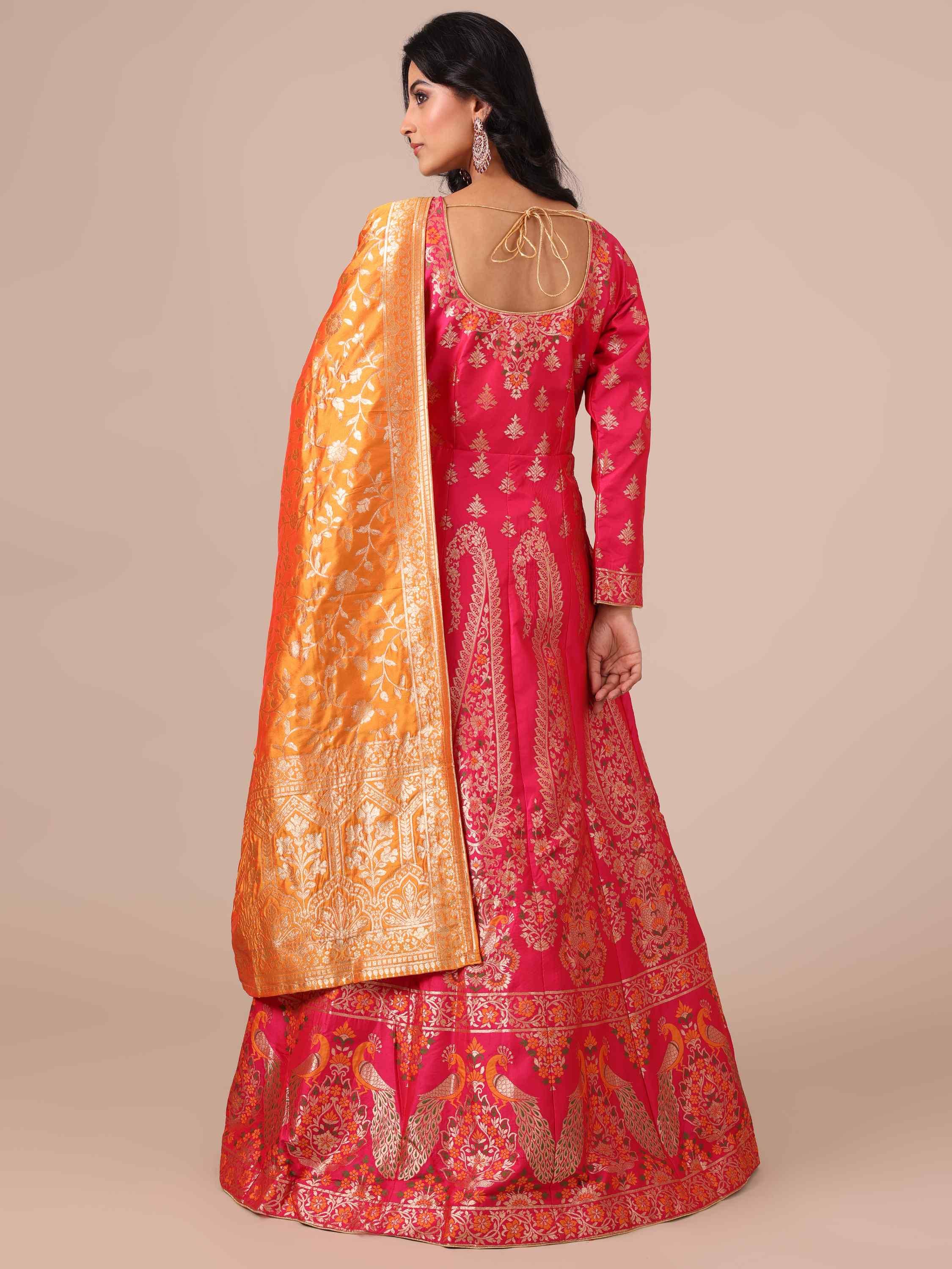 Rani Banarasi Silk Anarkali Dress with Mustard Dupatta - House of Surya