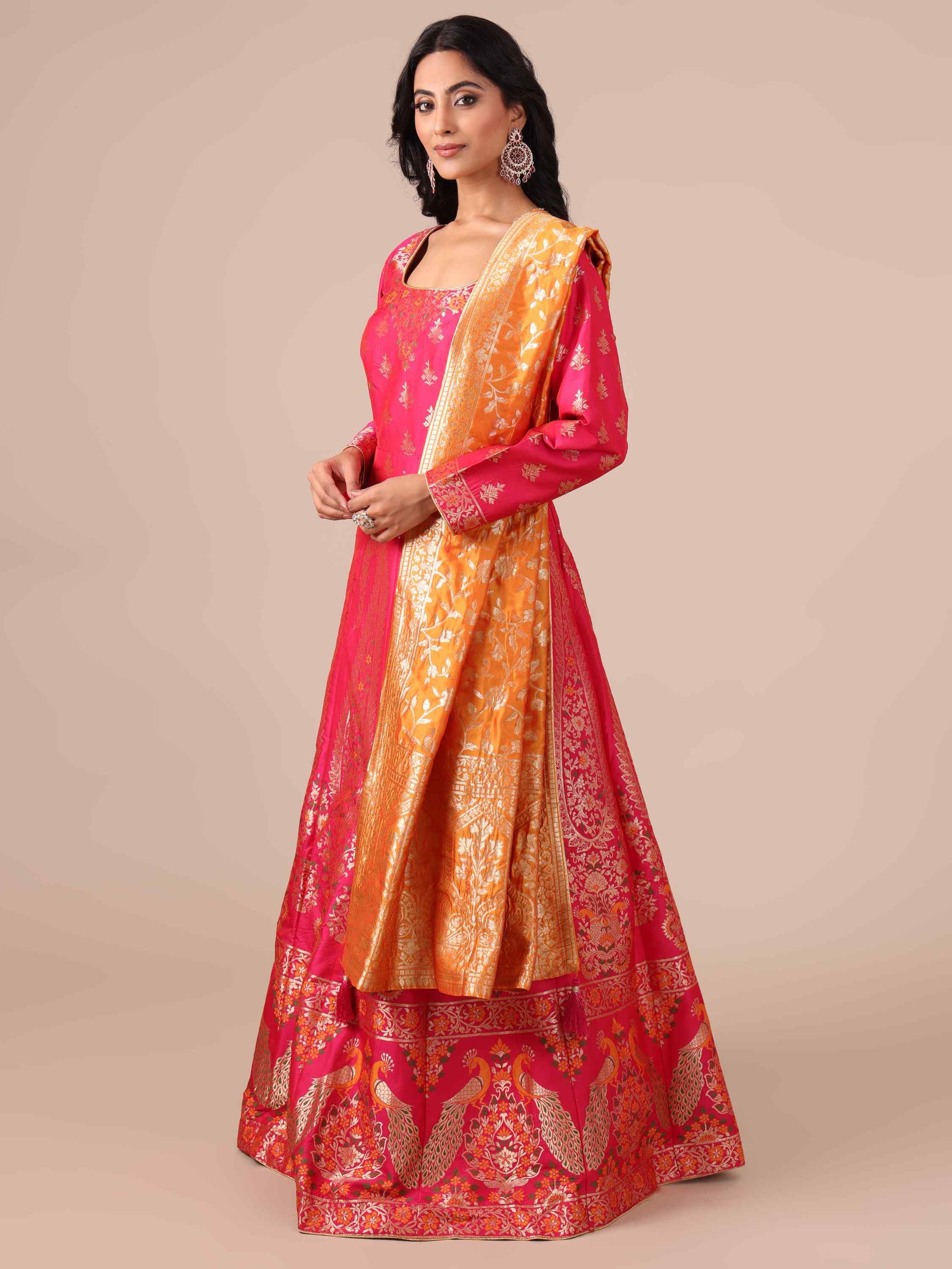 Rani Banarasi Silk Anarkali Dress with Mustard Dupatta - House of Surya