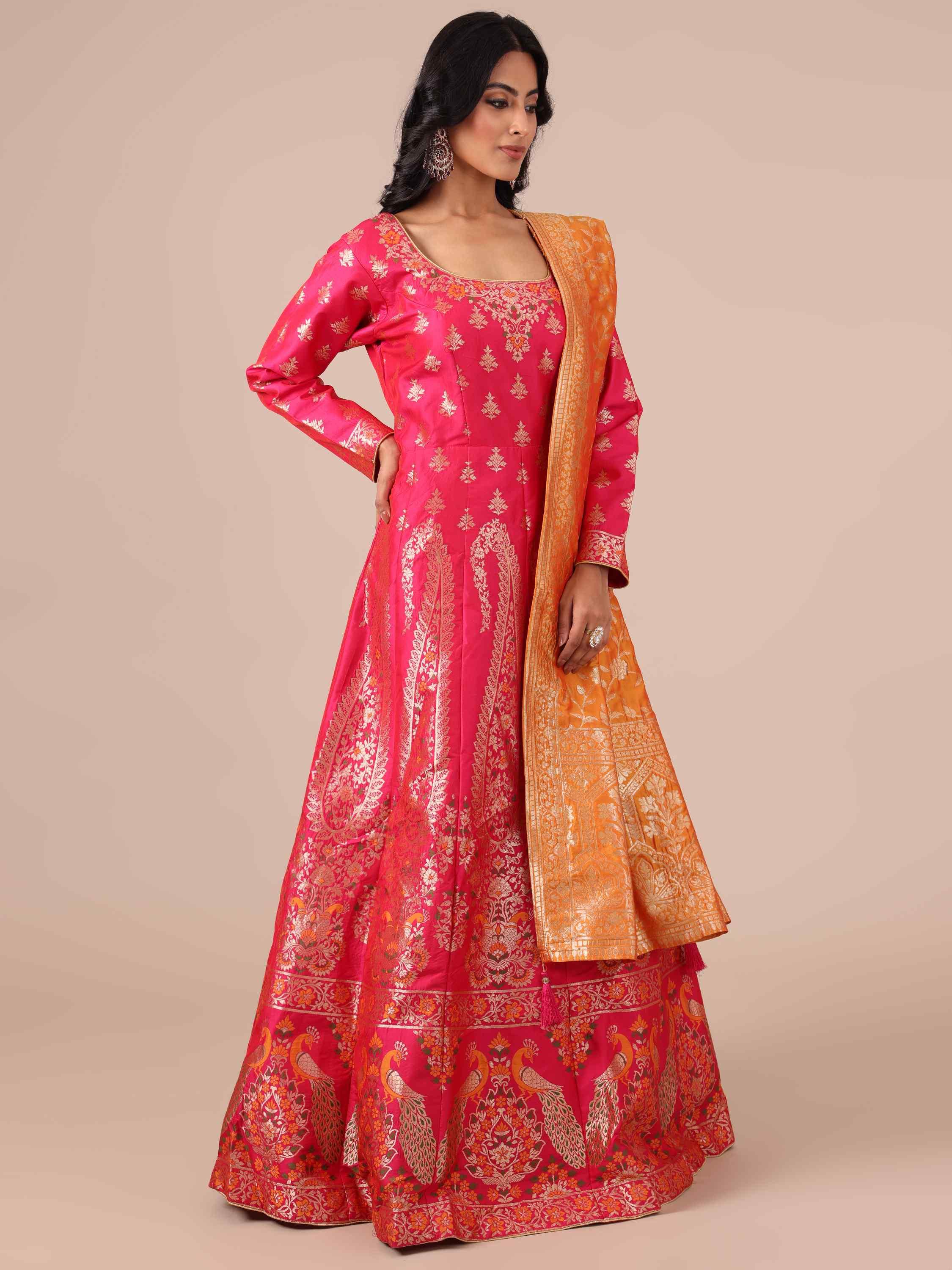 Rani Banarasi Silk Anarkali Dress with Mustard Dupatta - House of Surya