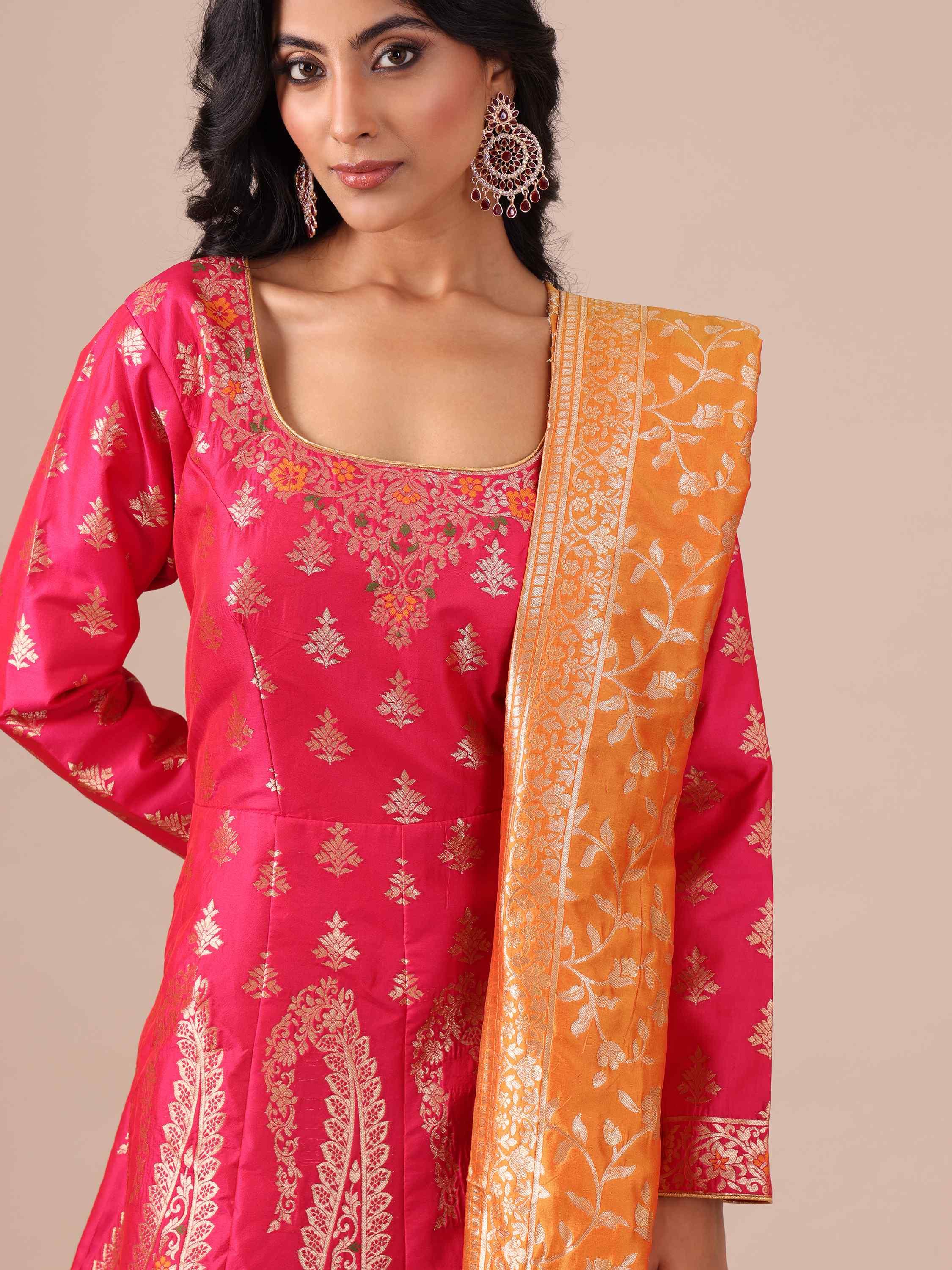 Rani Banarasi Silk Anarkali Dress with Mustard Dupatta - House of Surya