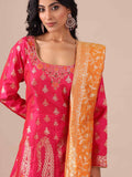 Rani Banarasi Silk Anarkali Dress with Mustard Dupatta - House of Surya