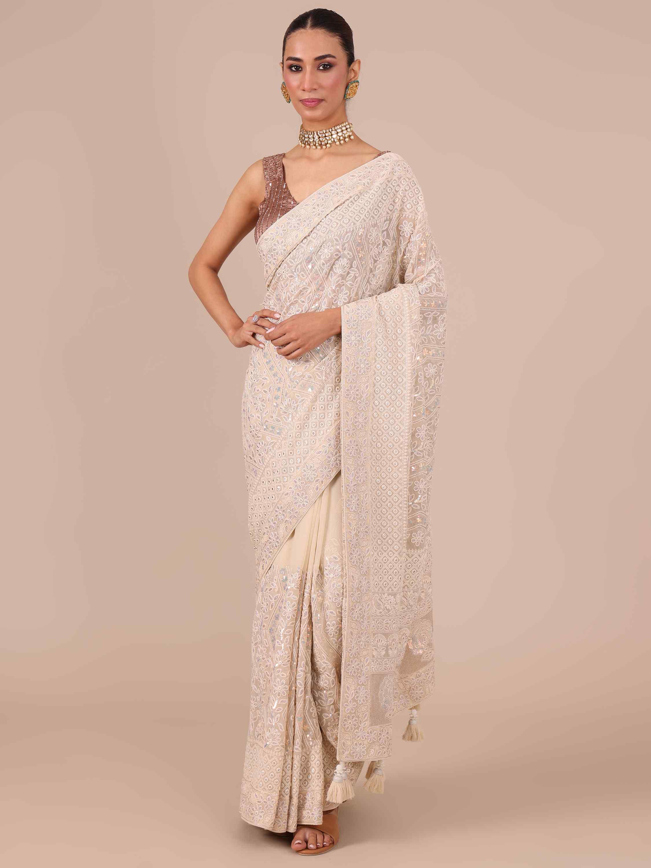 Off-White Chikankari Georgette Saree with Matching Unstitched Blouse - House of Surya