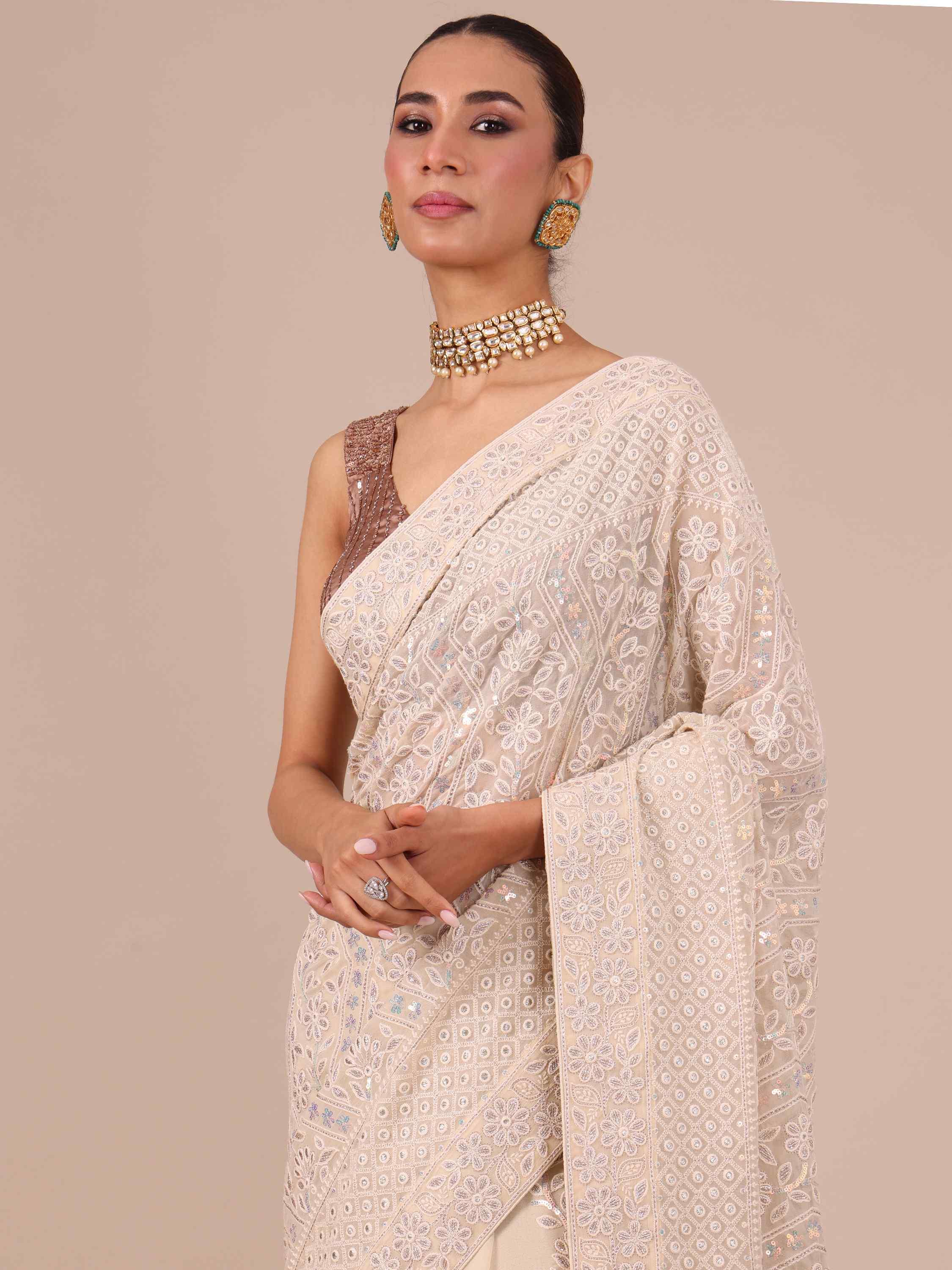 Off-White Chikankari Georgette Saree with Matching Unstitched Blouse - House of Surya