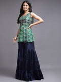 Navy Blue Golden Sequins Chinon Sharara with Matching Dupatta - House of Surya