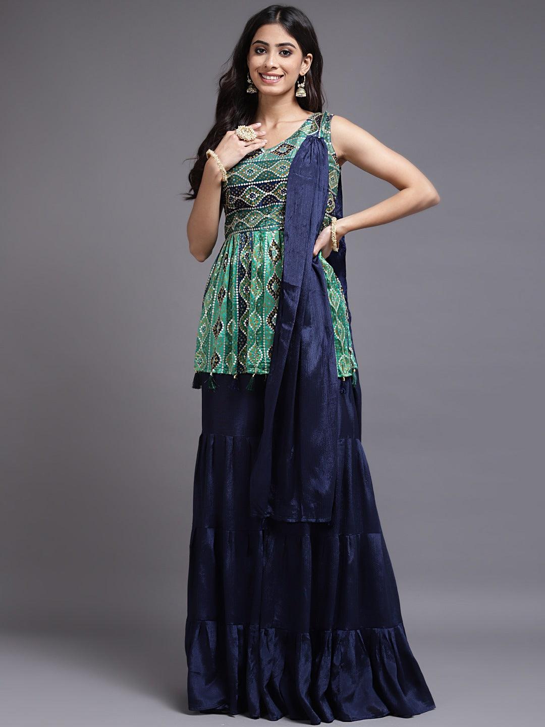 Navy Blue Golden Sequins Chinon Sharara with Matching Dupatta - House of Surya