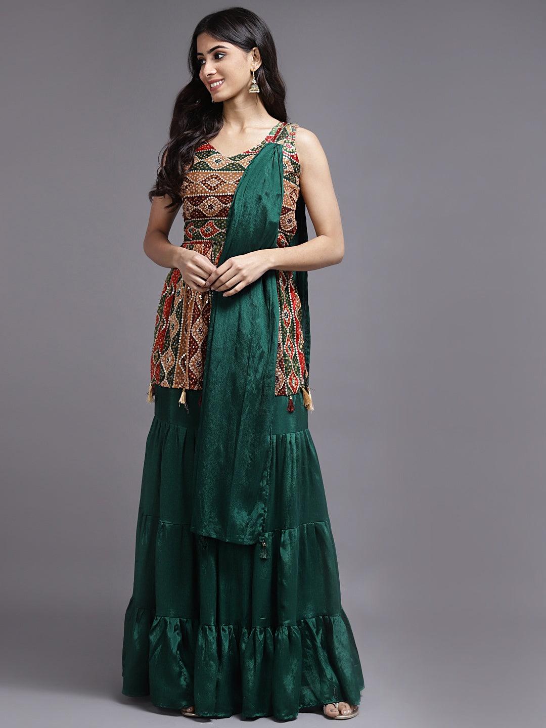 Green Color Sharara with Matching Dupatta - House of Surya
