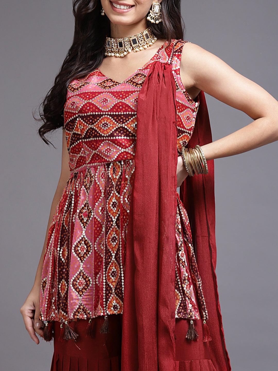 Maroon Color Sharara with Matching Dupatta - House of Surya