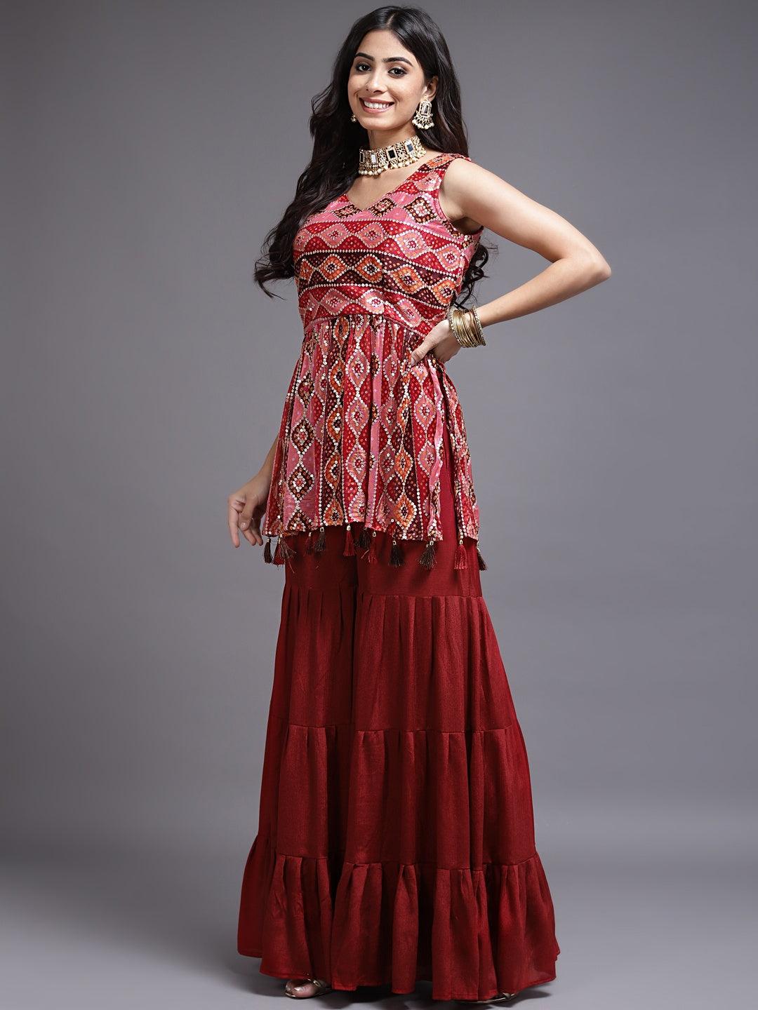 Maroon Color Sharara with Matching Dupatta - House of Surya