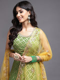Mehendi Weaving Georgette Anarkali with Yellow Net Dupatta - House of Surya