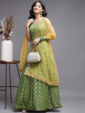 Mehendi Weaving Georgette Anarkali with Yellow Net Dupatta - House of Surya