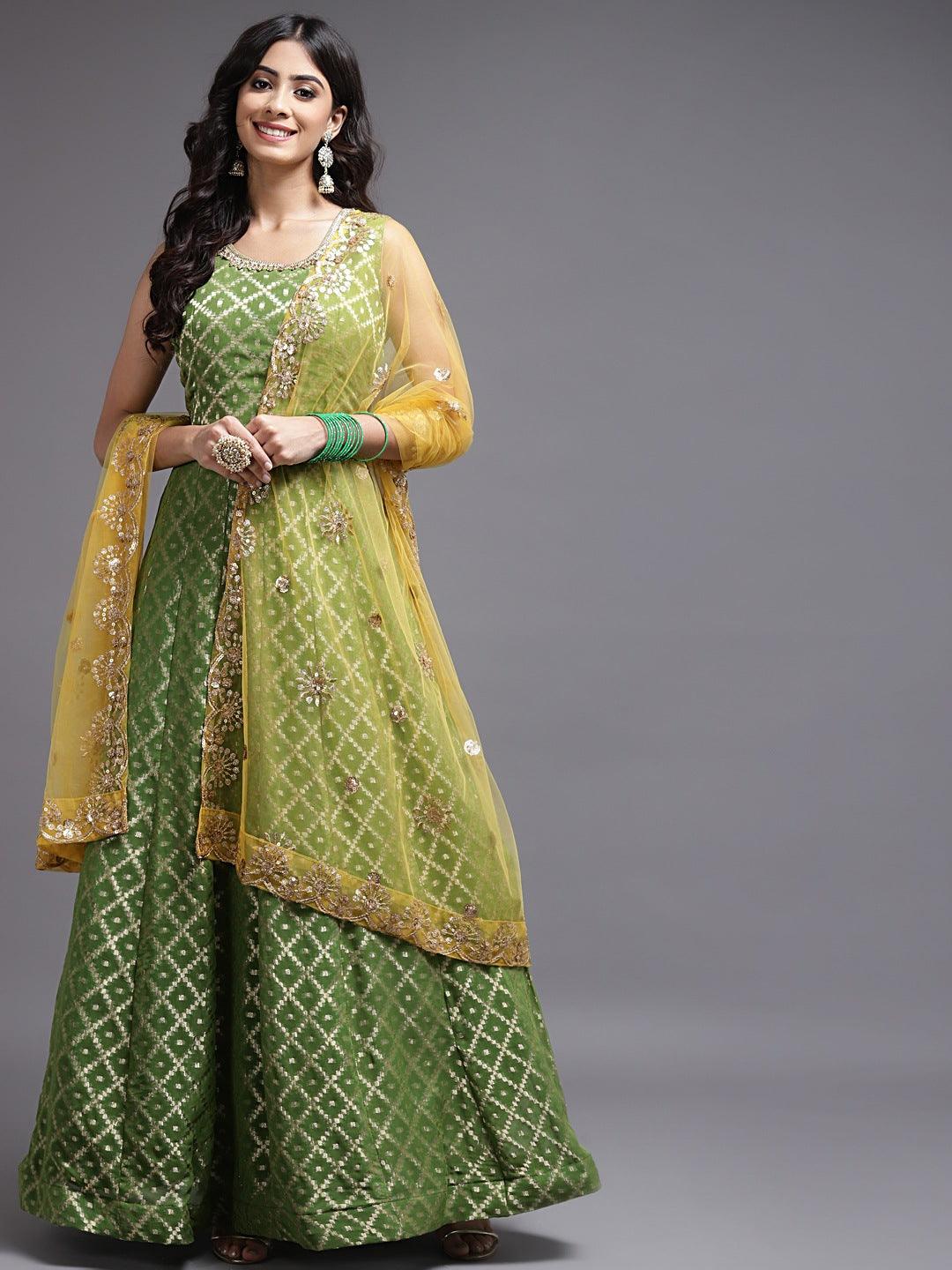Mehendi Weaving Georgette Anarkali with Yellow Net Dupatta - House of Surya